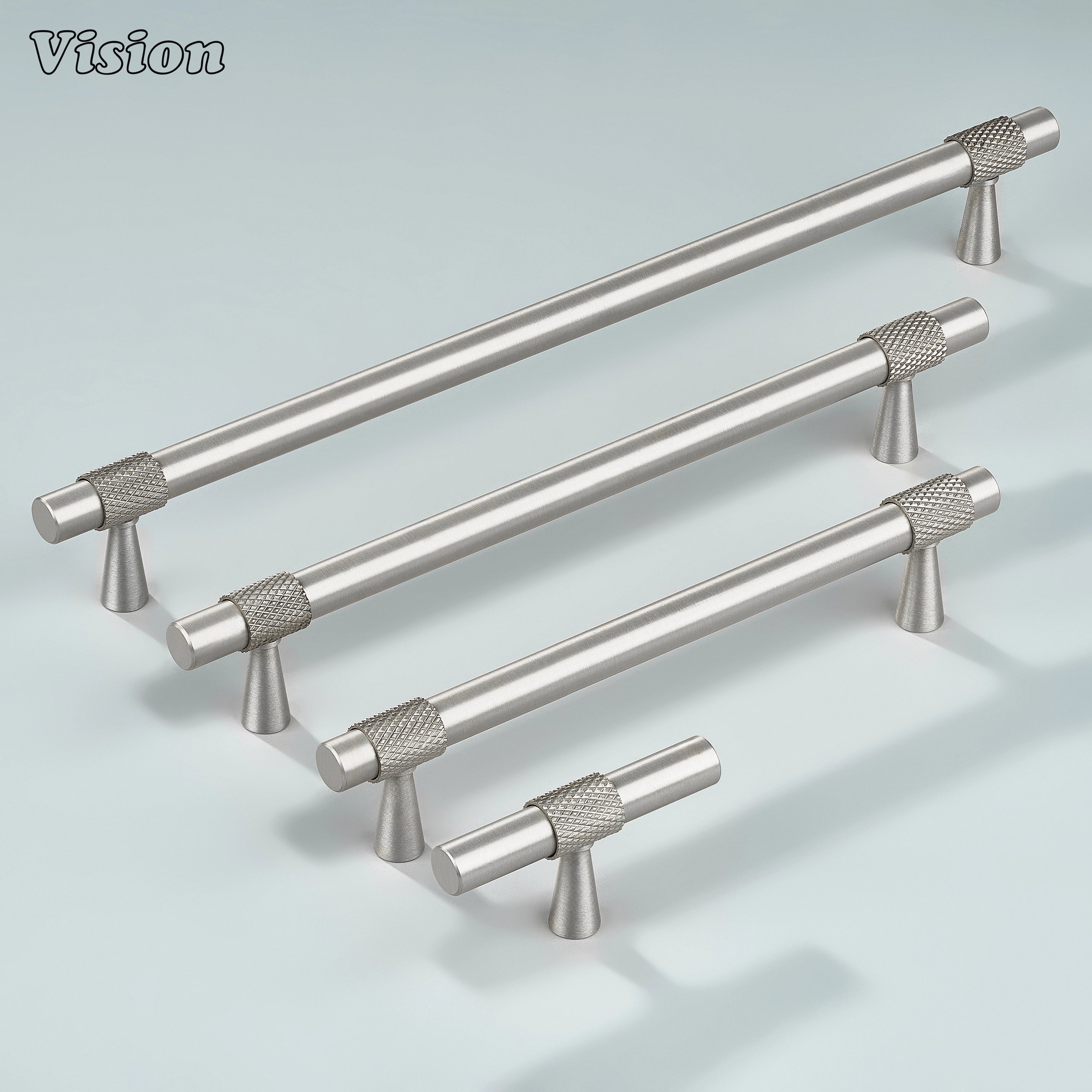 Modern silver plain profile knurled ringed cabinet pull with cone legs used for wardrobe doors.