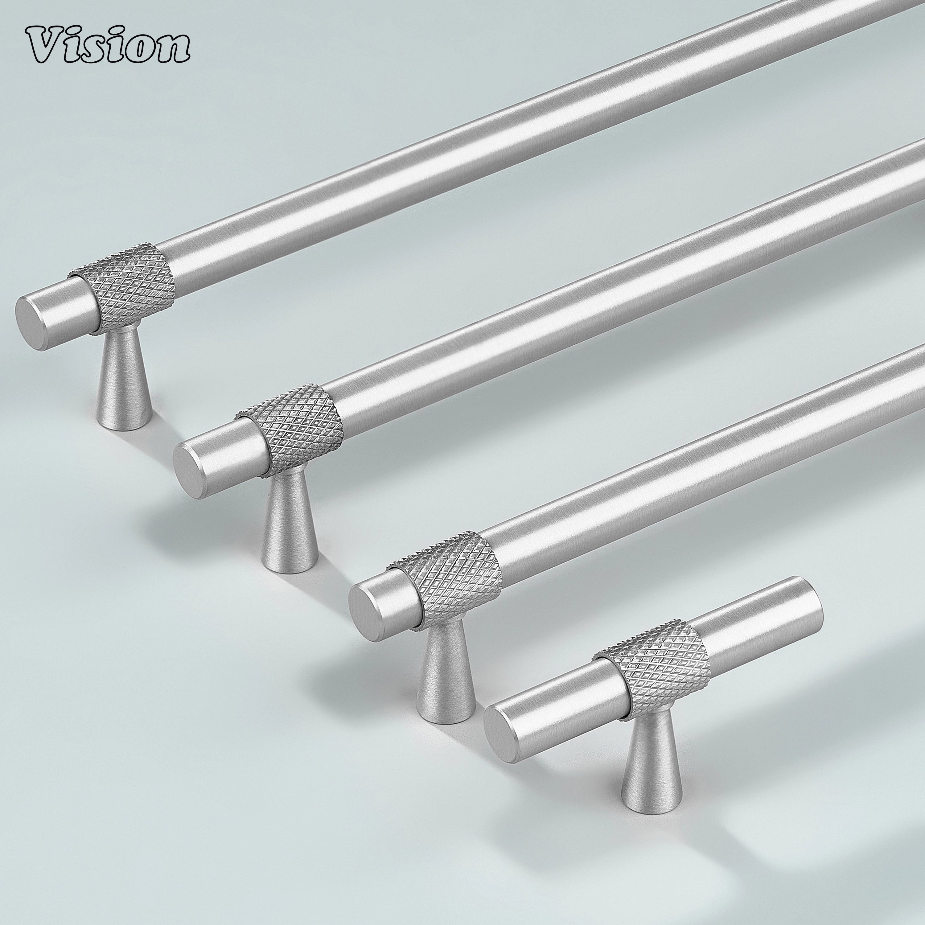 Modern silver plain profile knurled ringed cabinet pull with cone legs used for dresser drawers.