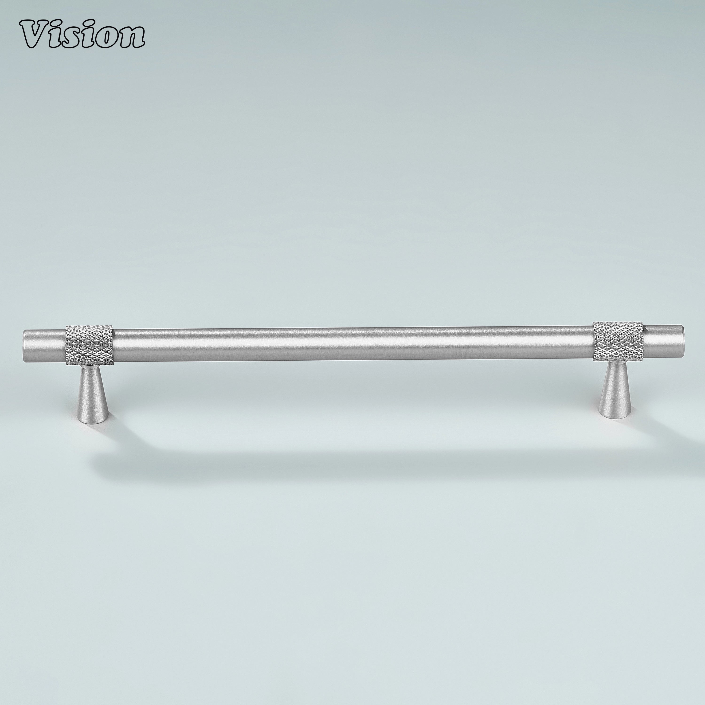 Modern silver plain profile knurled ringed cabinet pull with cone legs used for cupboards.