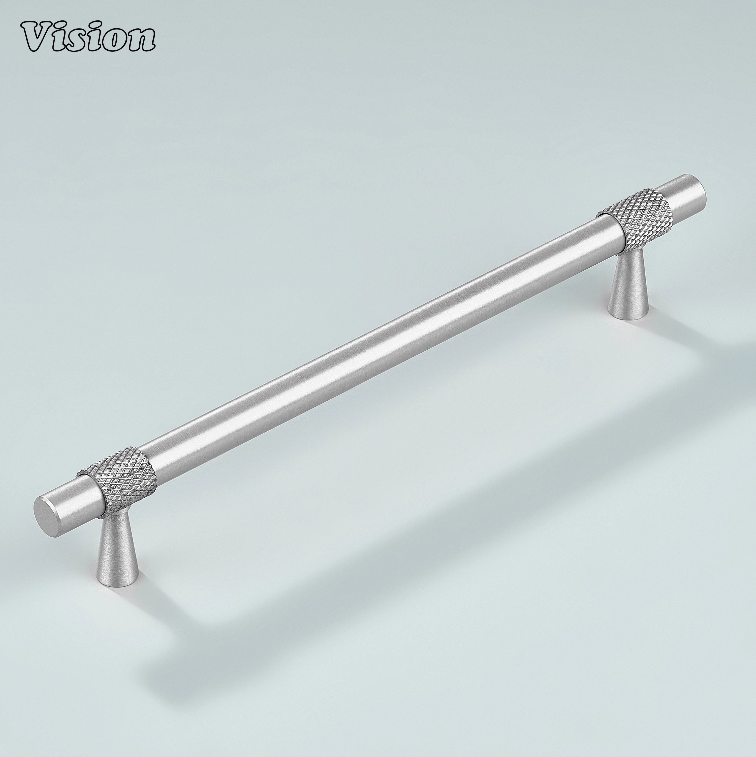 Modern silver plain profile knurled ringed cabinet pull with cone legs used for closet doors.