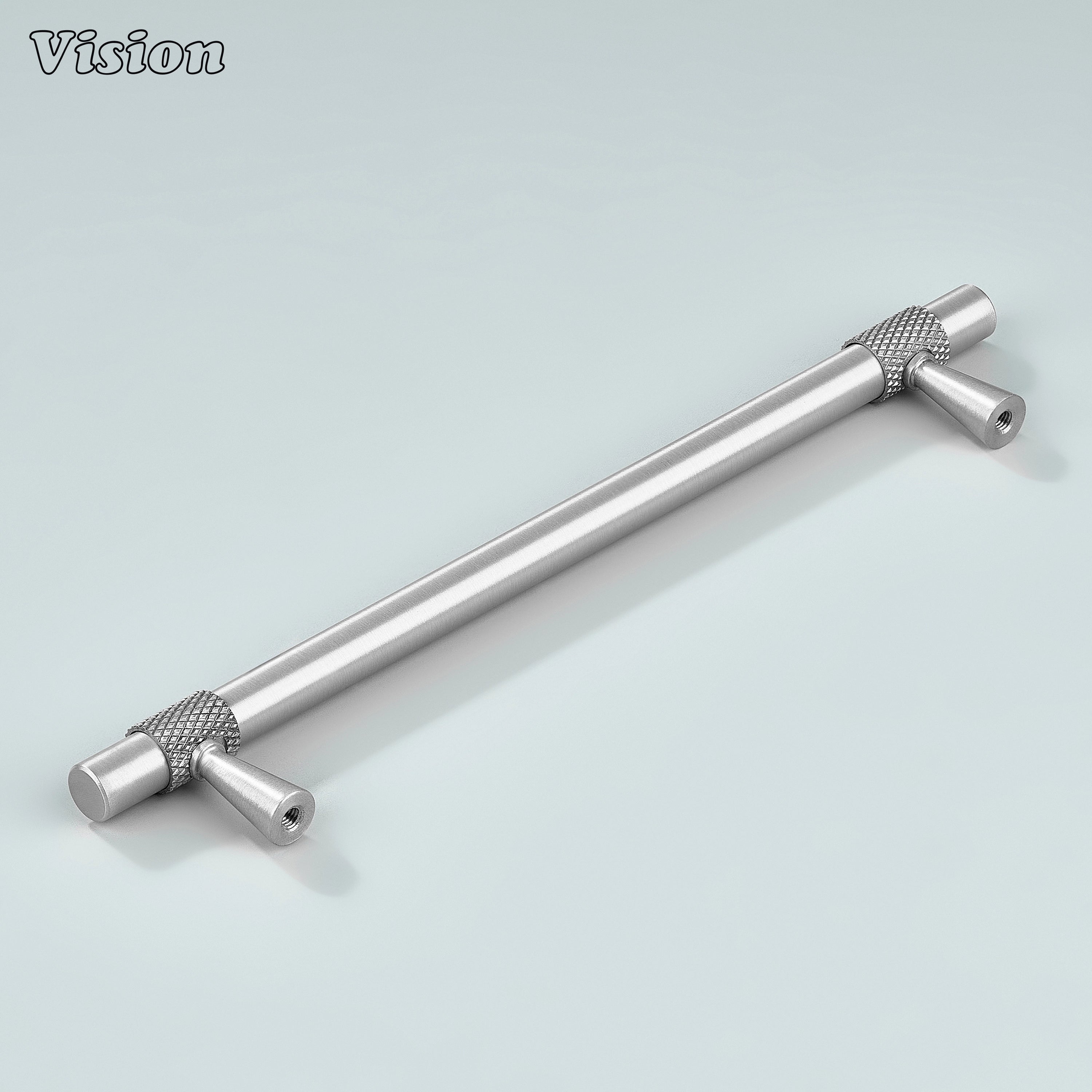 Modern silver plain profile knurled ringed cabinet pull with cone legs used for bathroom cabinets.