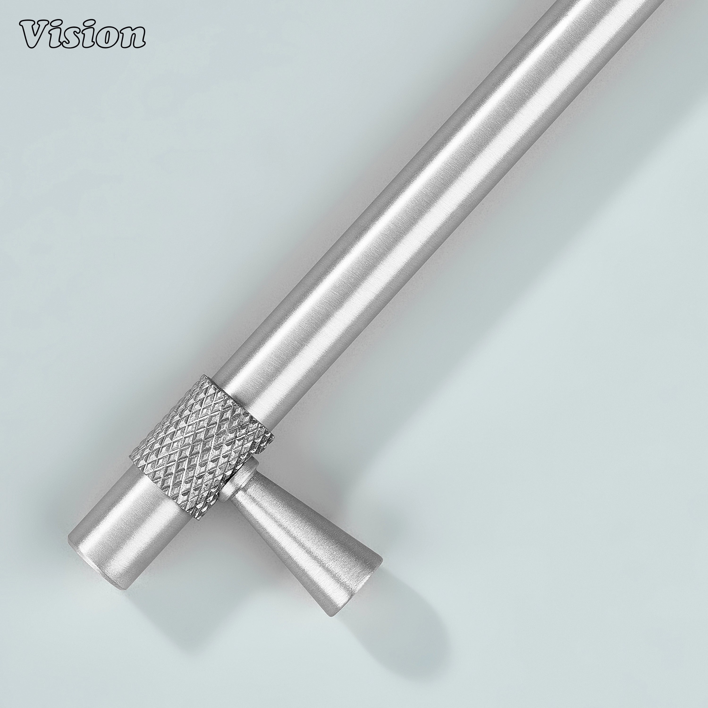 Modern silver plain profile knurled ringed cabinet pull with cone legs used for furniture drawers.