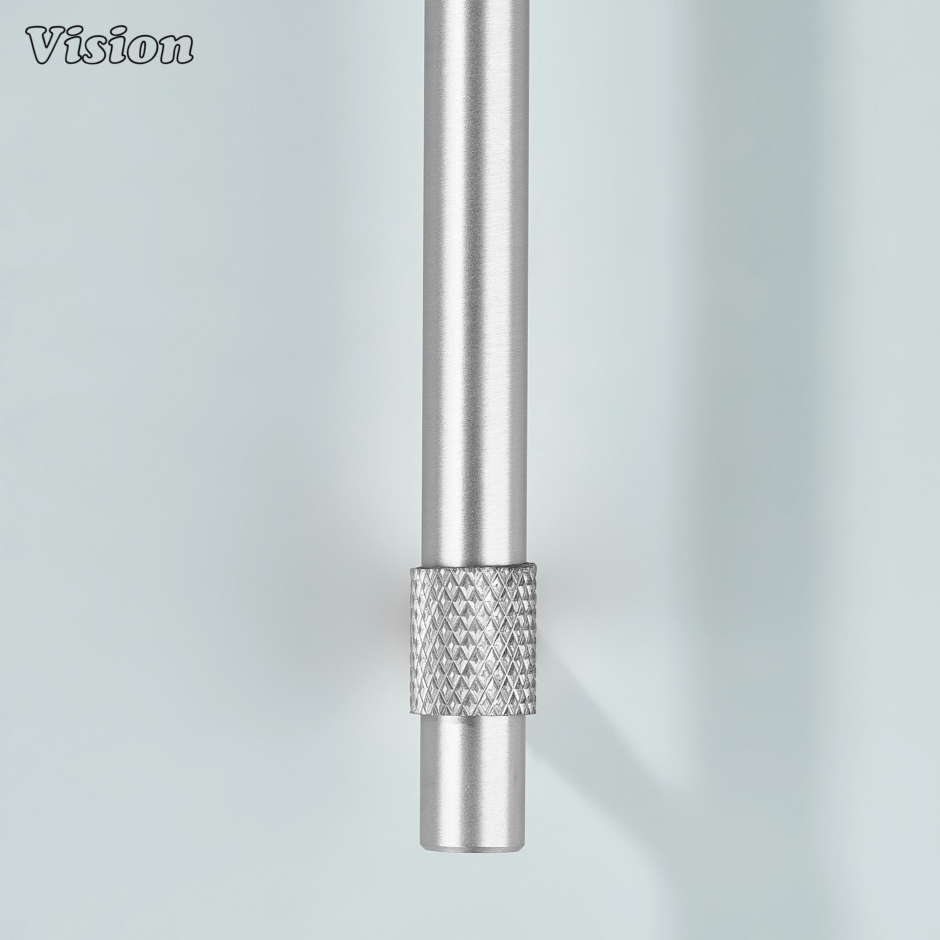 Modern silver plain profile knurled ringed cabinet pull with cone legs used for vanity drawers.
