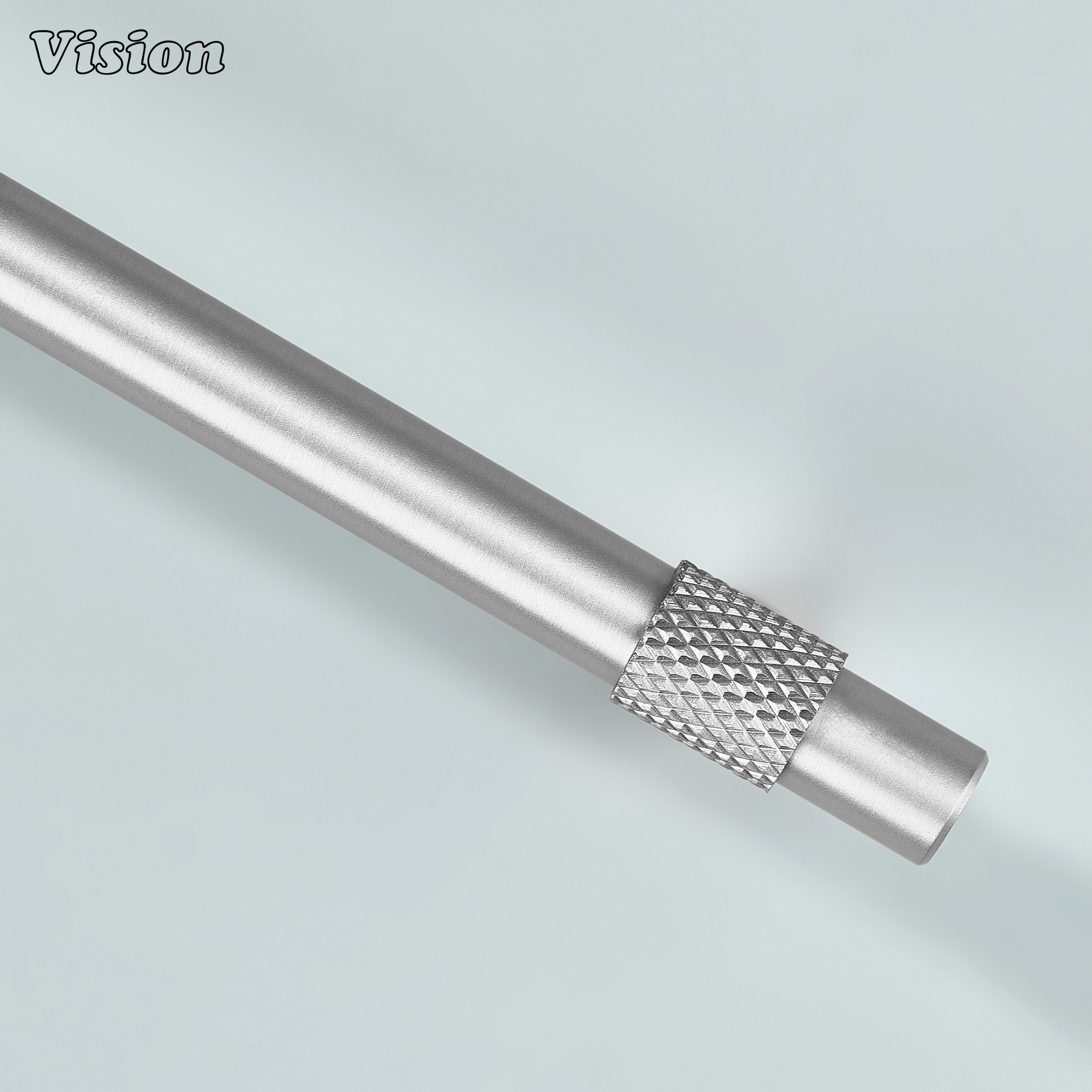 Modern silver plain profile knurled ringed cabinet pull with cone legs used for modular kitchen units.