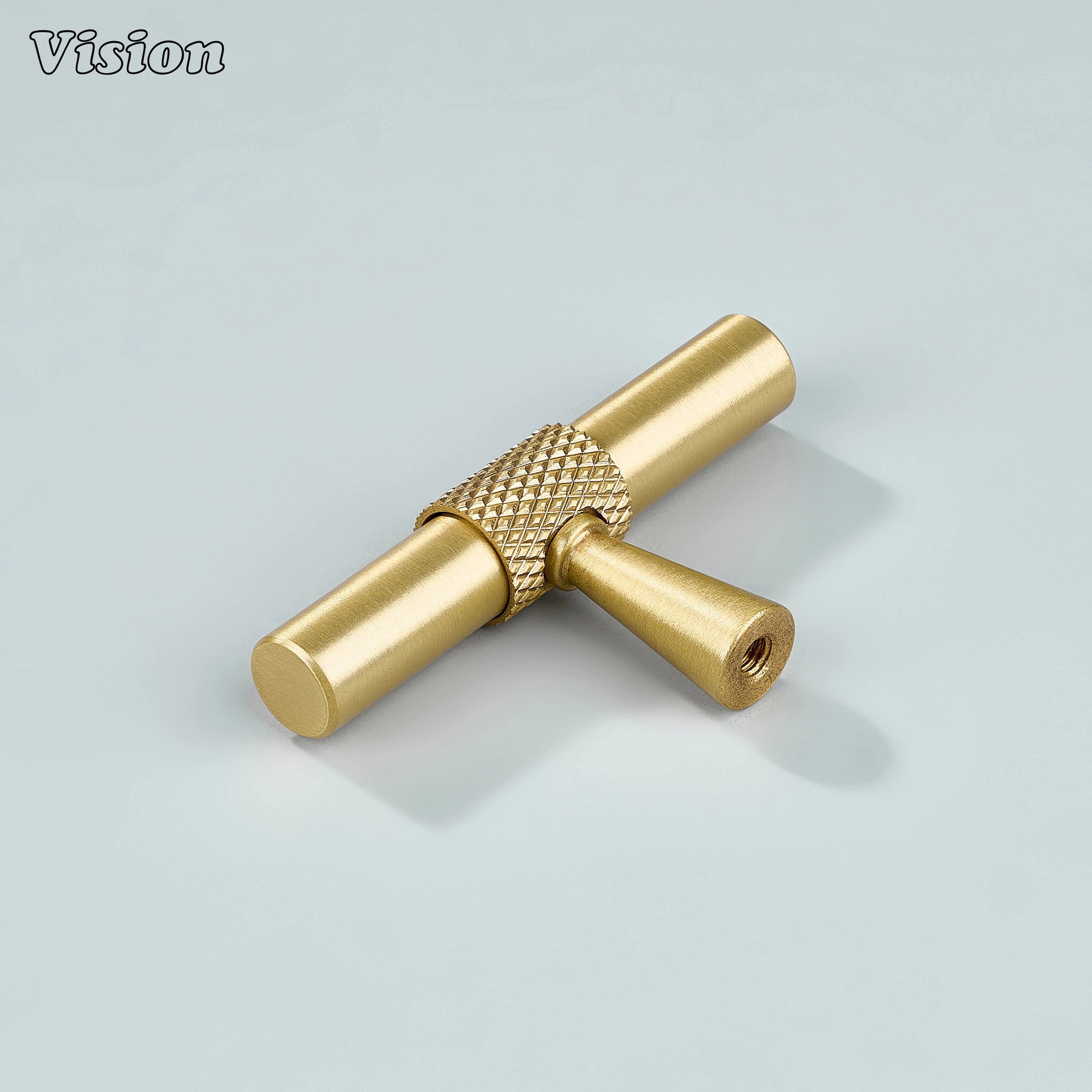 Close-up of premium brass gold T-Knob used on kitchen or dresser drawers.