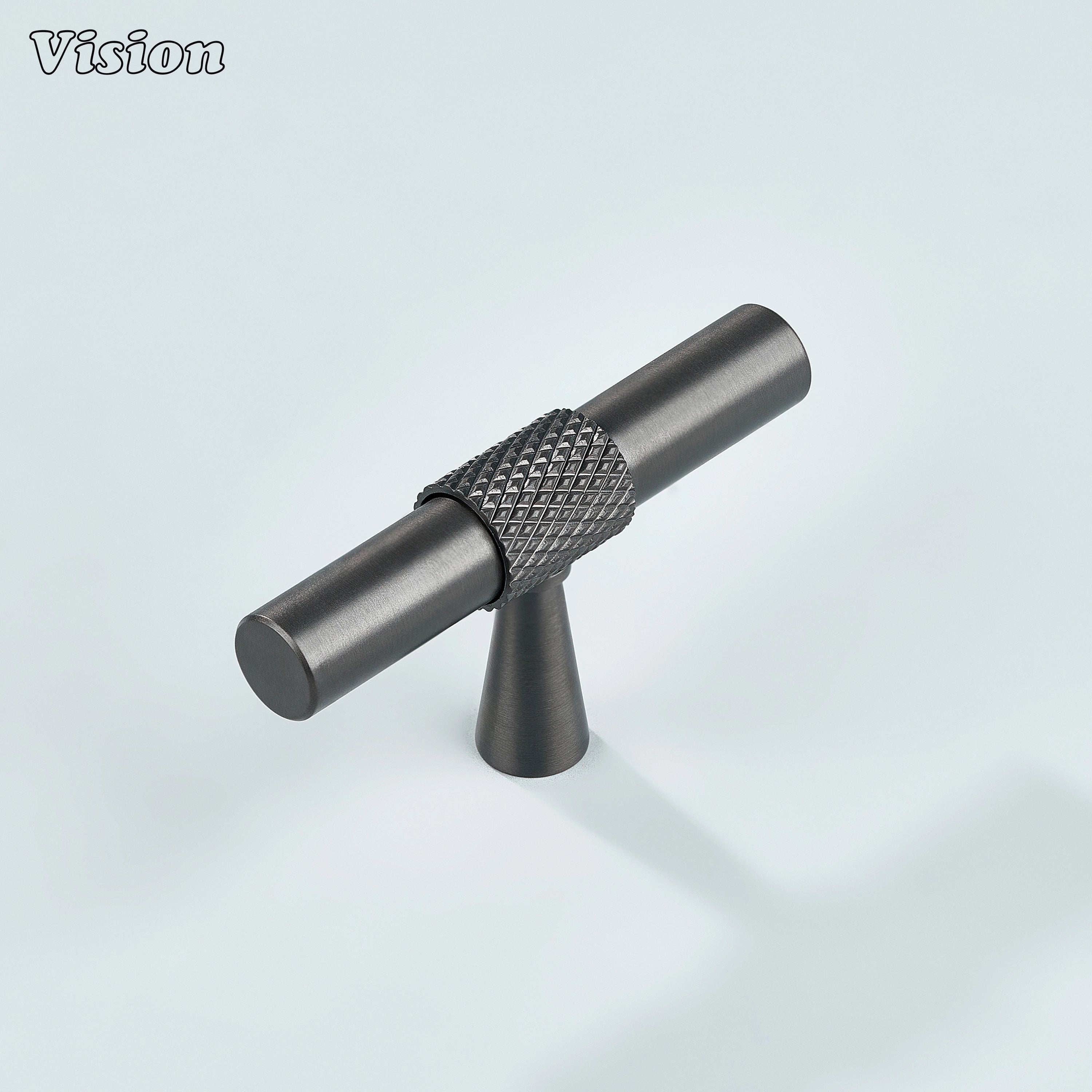 Gunmetal brass knurled T-Knob for modern cabinets and drawers.