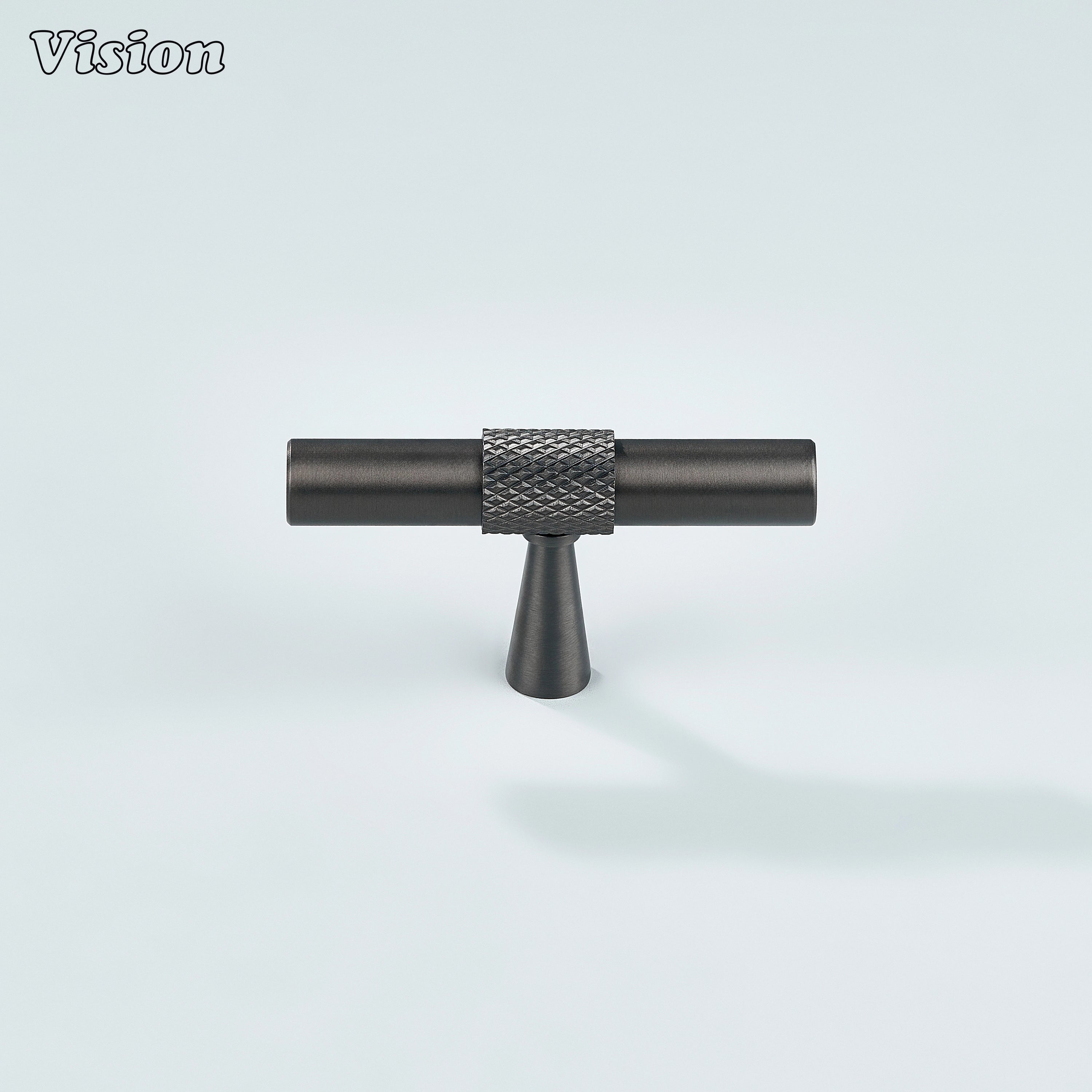Stylish gunmetal T-shaped brass knob with cone legs for wardrobes.