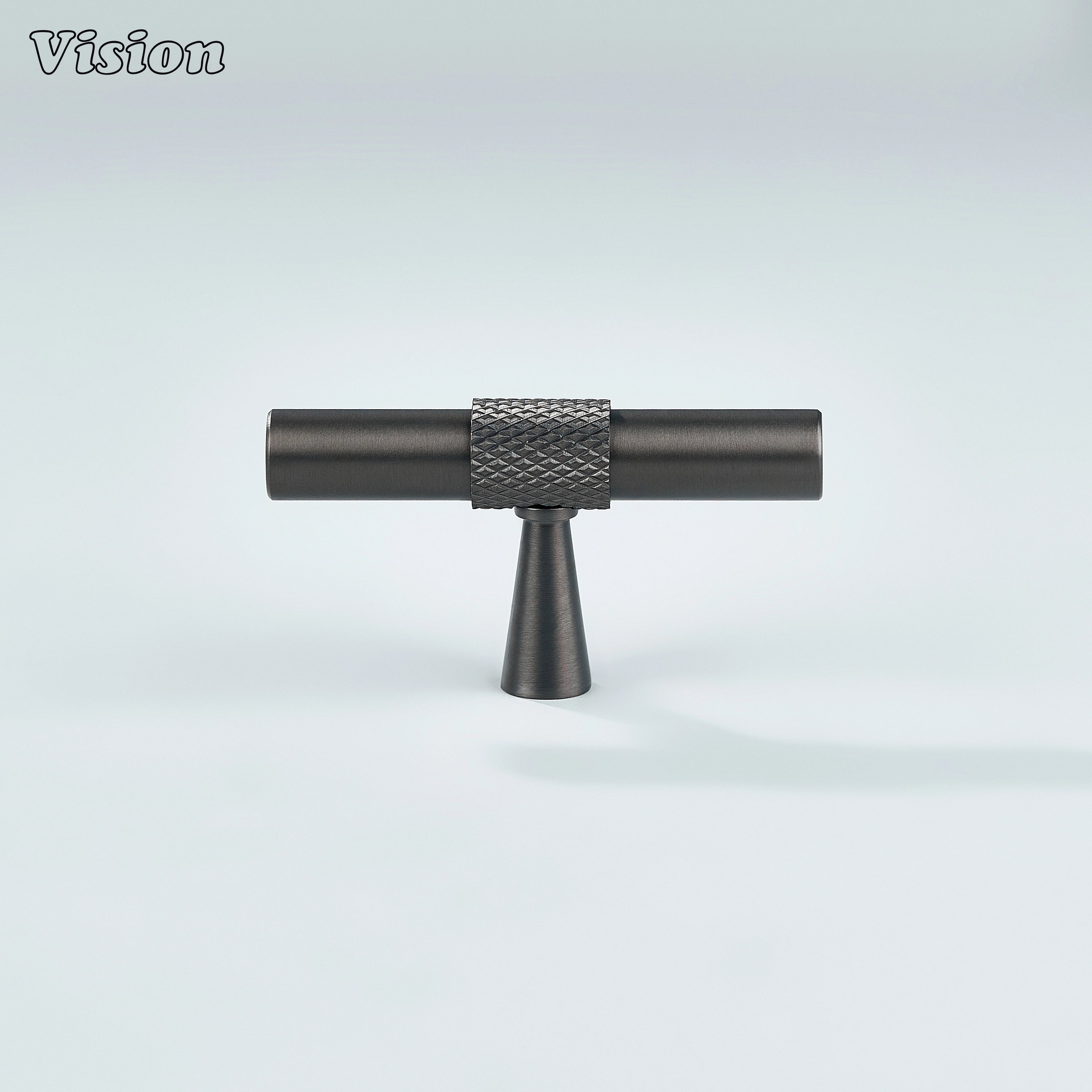 Premium gunmetal knurled T-Knob used on kitchen drawers and cupboards.