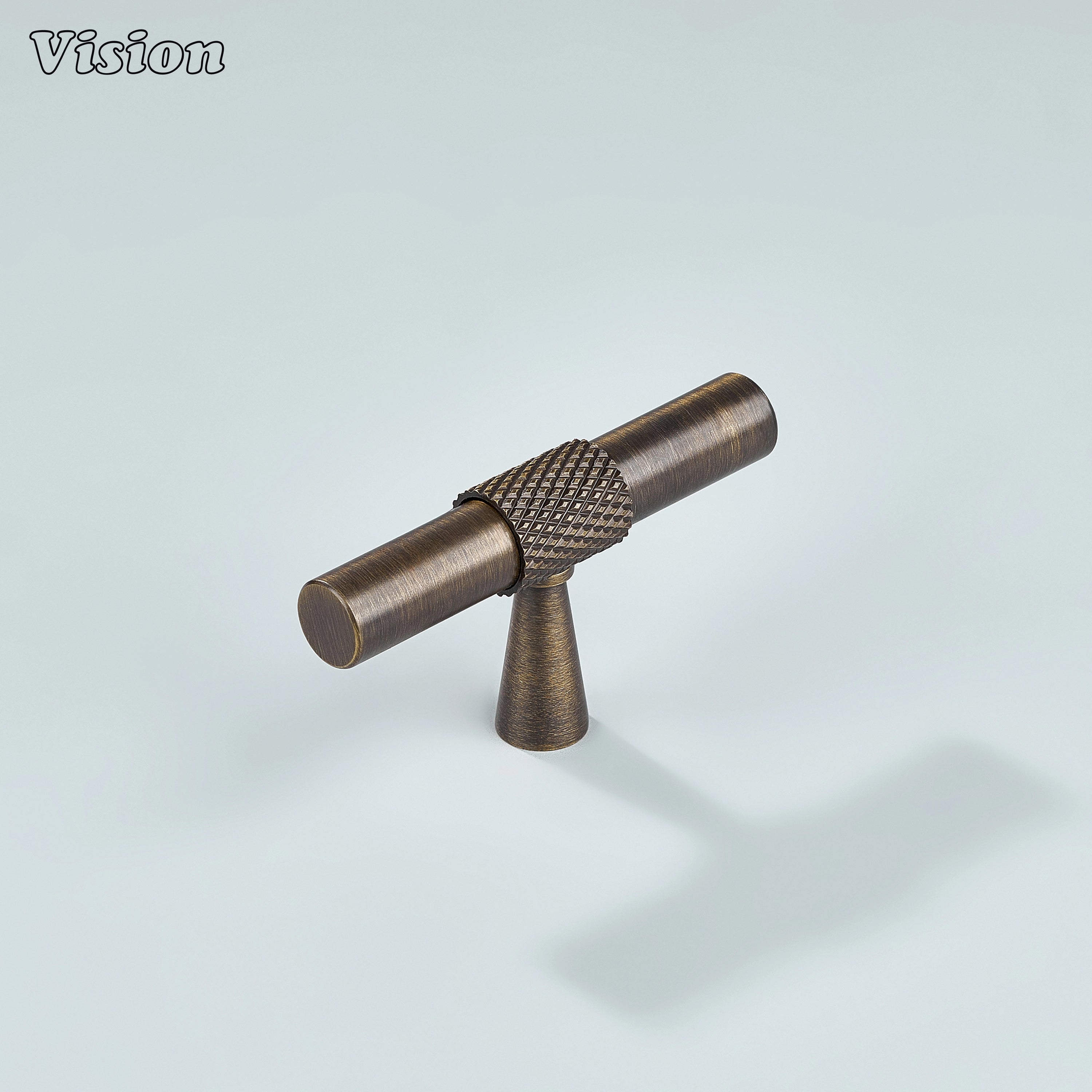 Antique bronze brass knurled T-Knob with cone legs for kitchen cabinets.