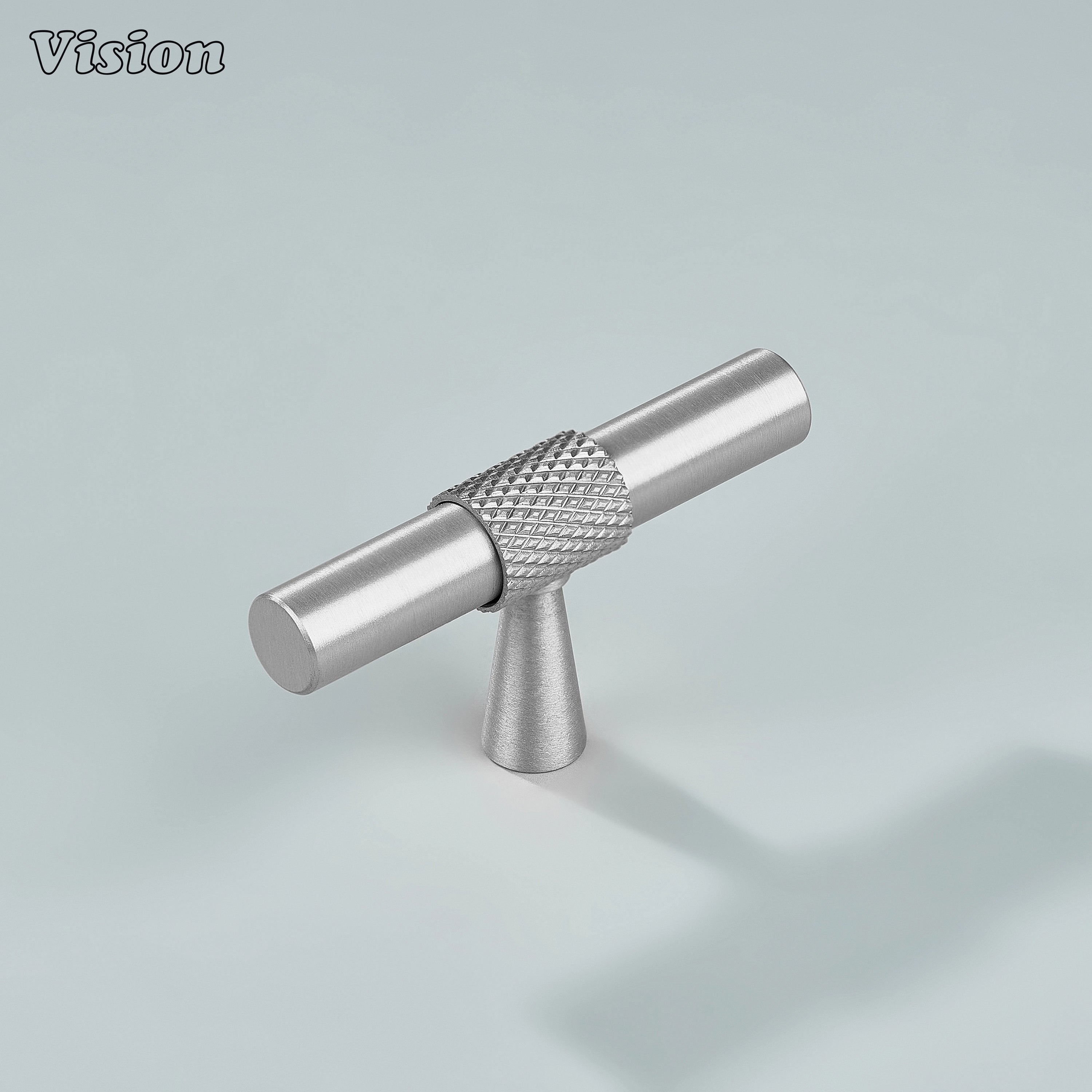 Silver brass knurled T-Knob for kitchen cabinets and dresser drawers.