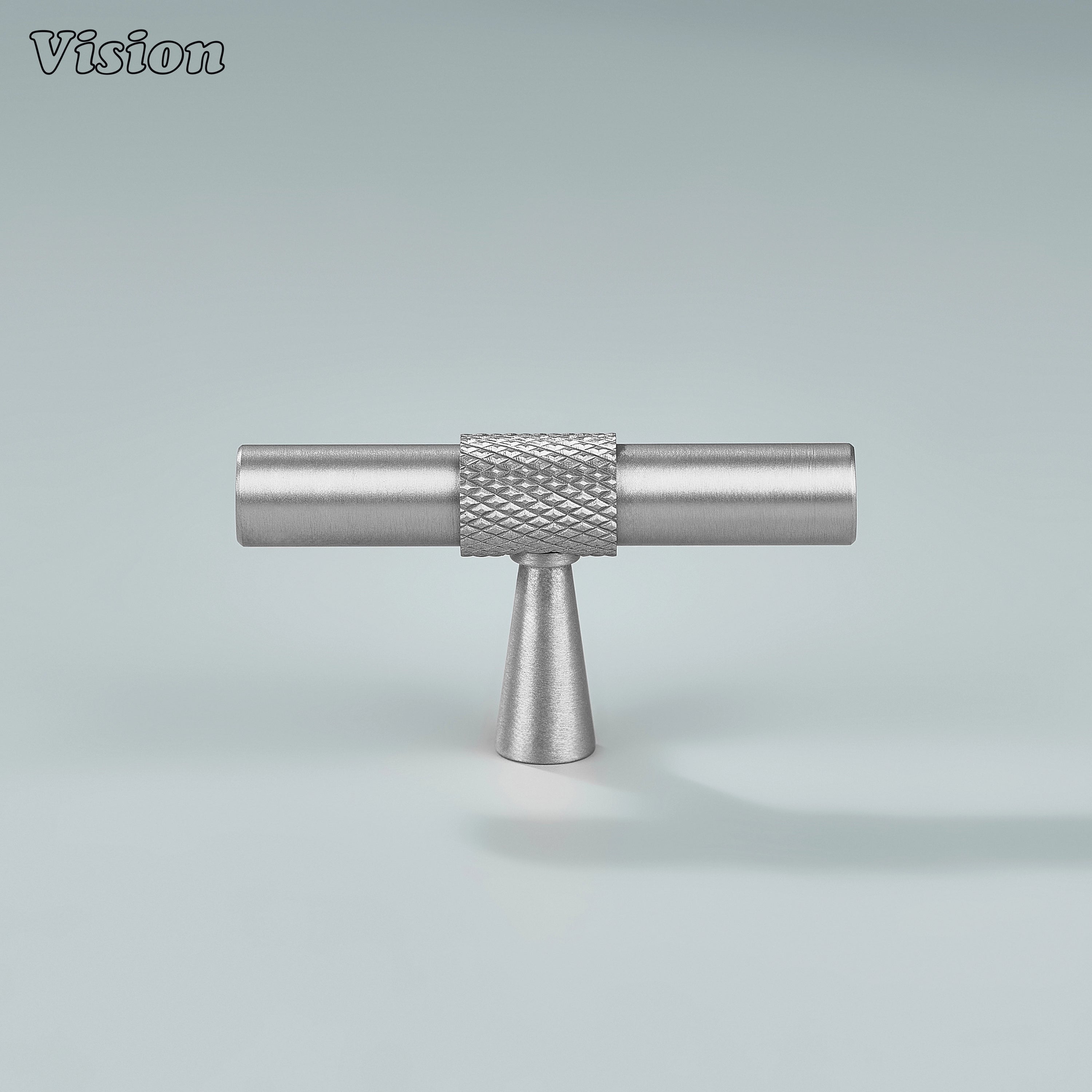 Knurled silver T-Knob made from solid brass for kitchen cabinet doors.