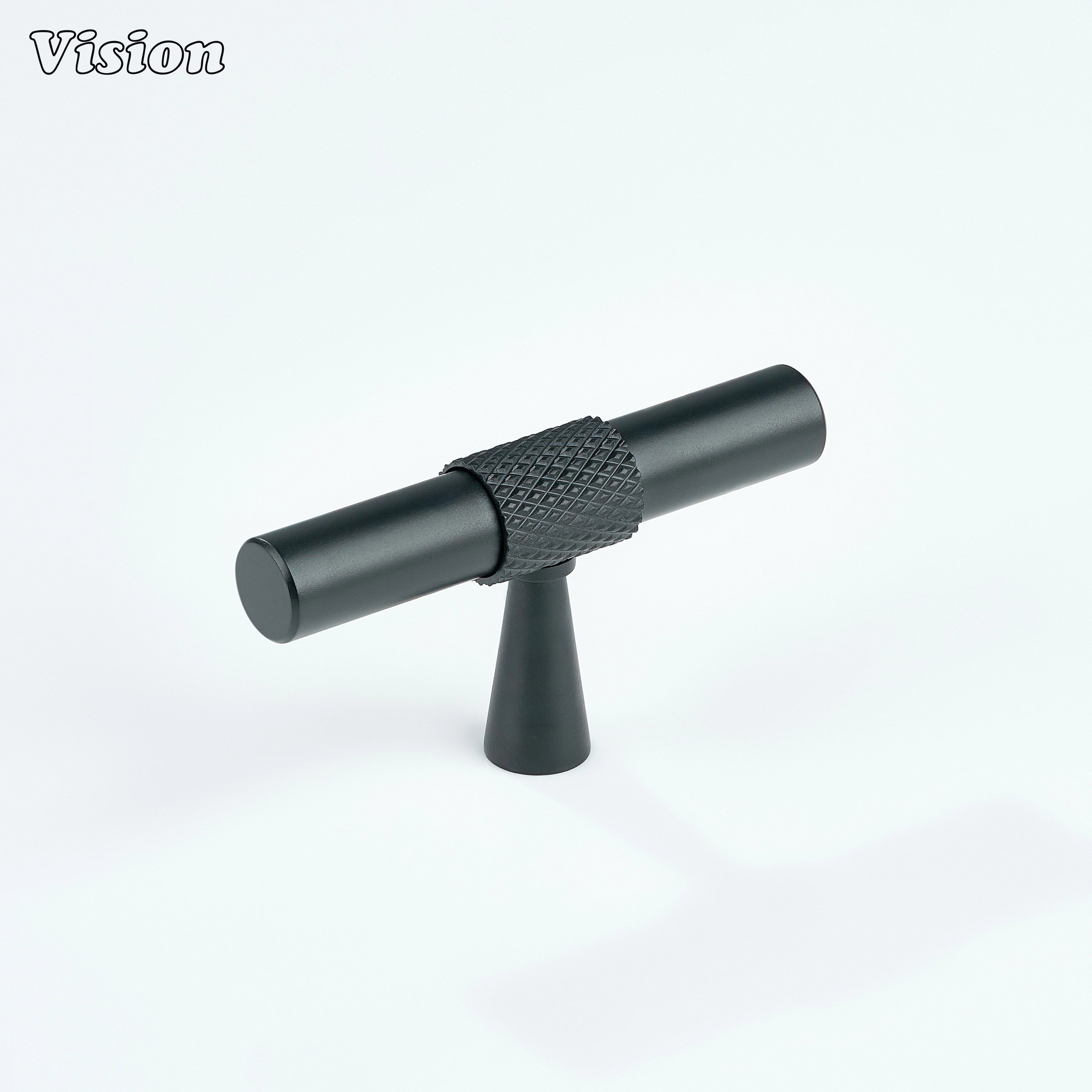 Black cabinet T-knob with knurled grip and cylindrical bar for kitchen cabinets