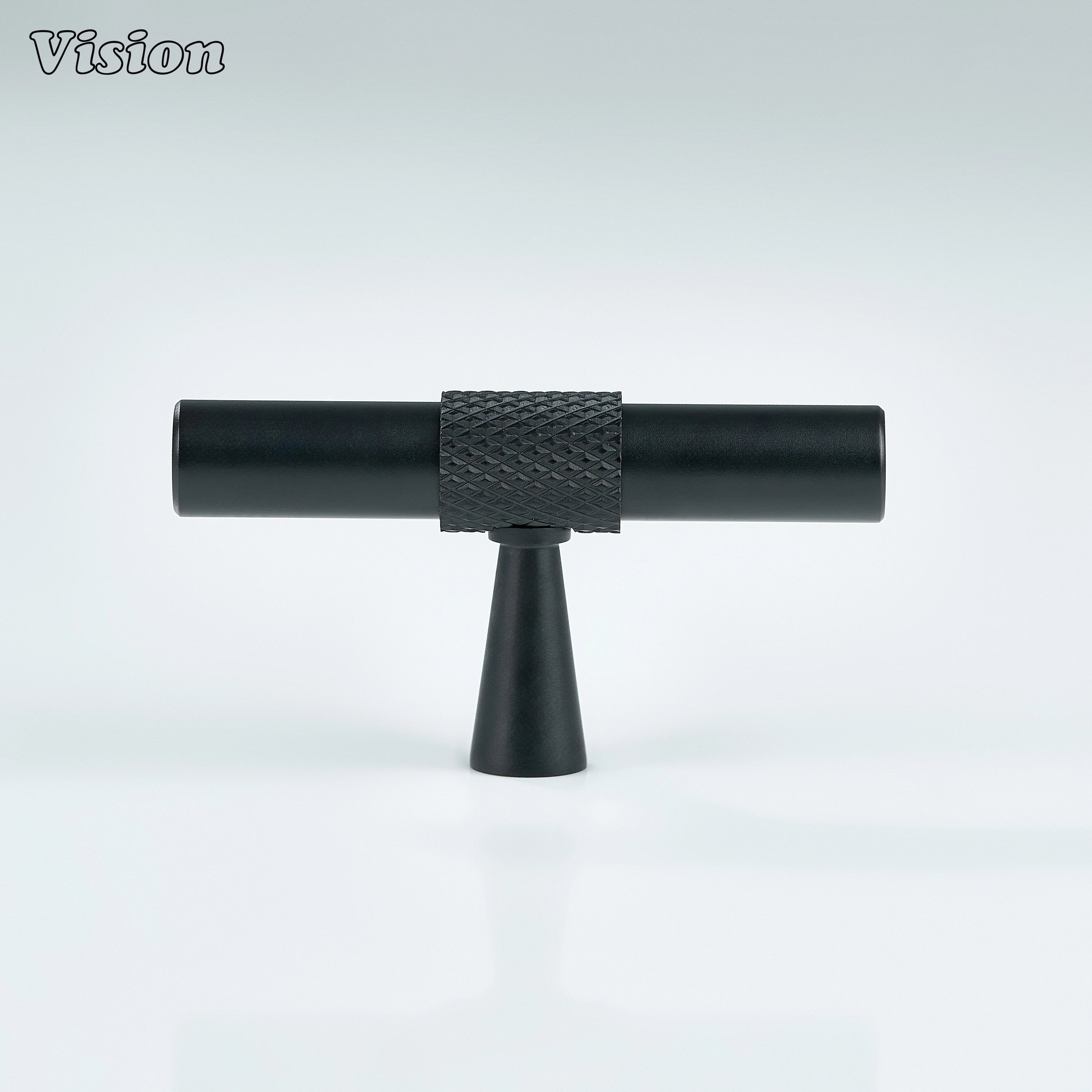 Knurled Black T-knob with textured center and cone leg for drawers