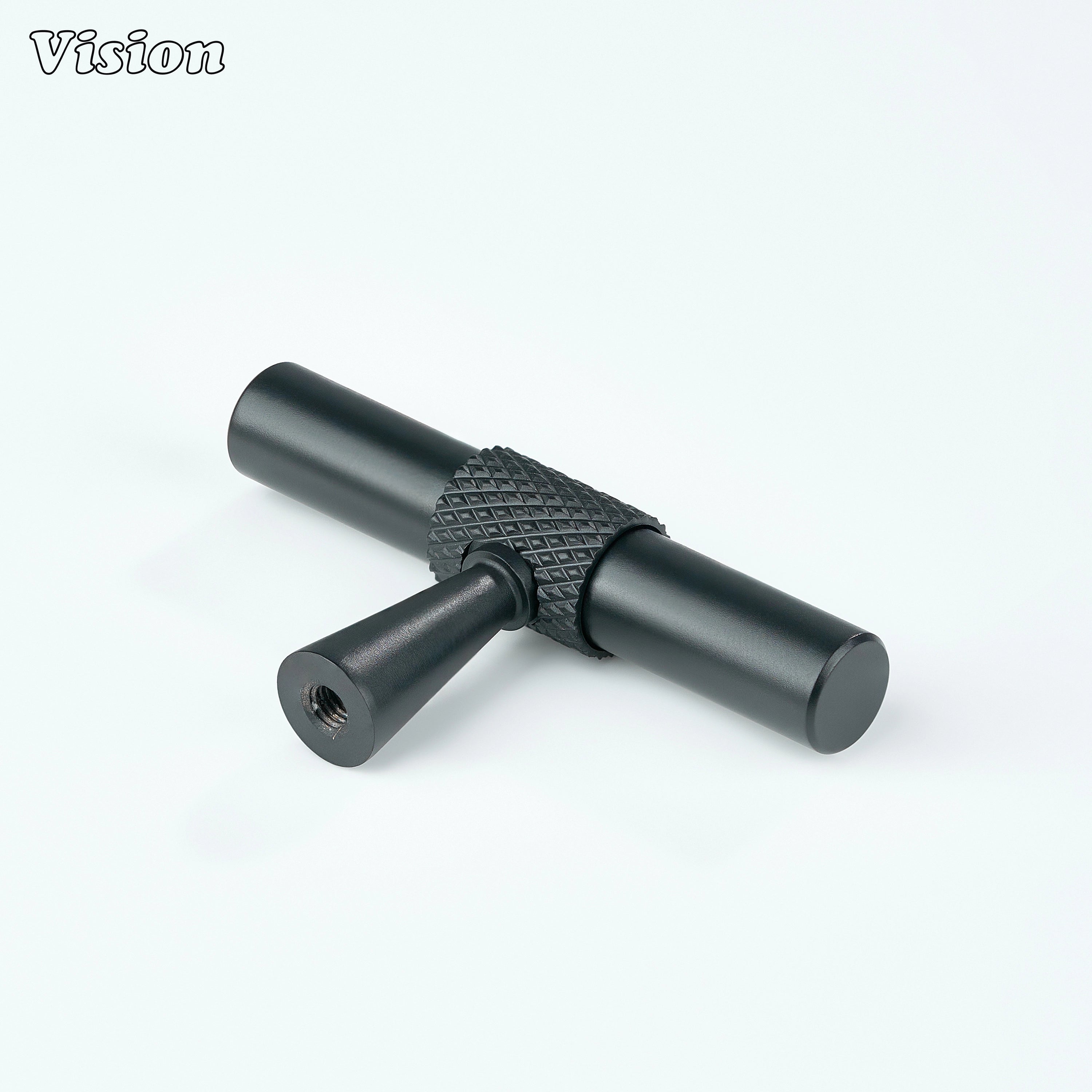 Black cabinet knob with central knurling and smooth bar for wardrobes