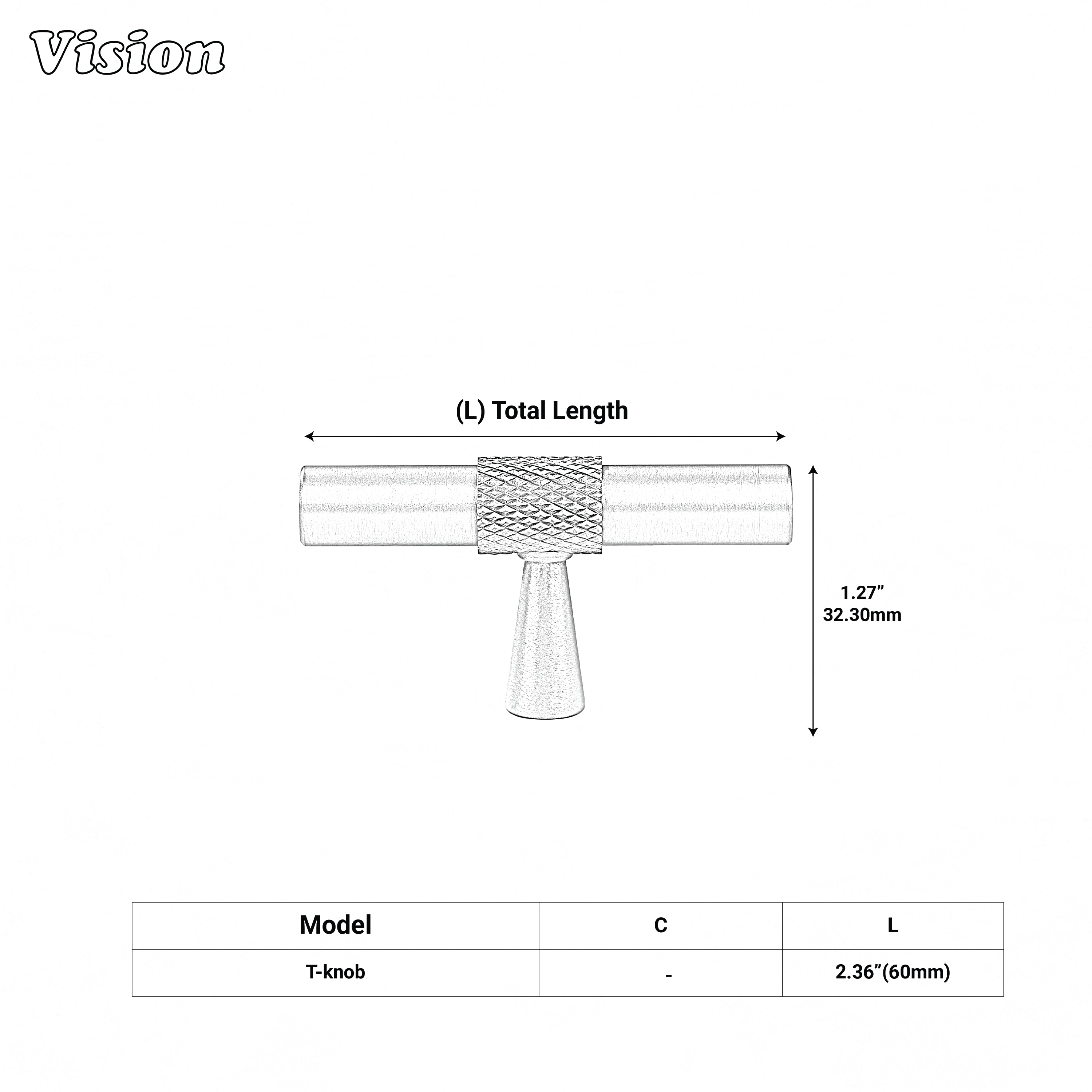 Modern Black cabinet T-knob with cylindrical bar and knurled middle