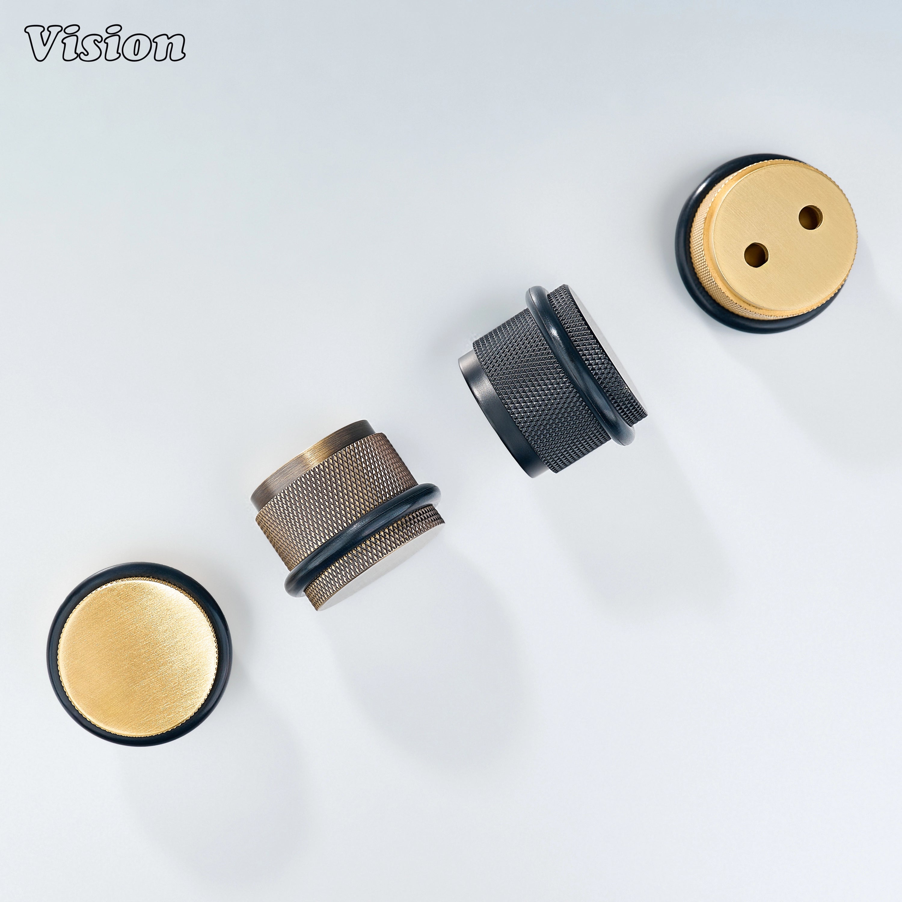 Gold solid brass door stop featuring textured knurled body and black rubber ring for furniture and cabinetry protection