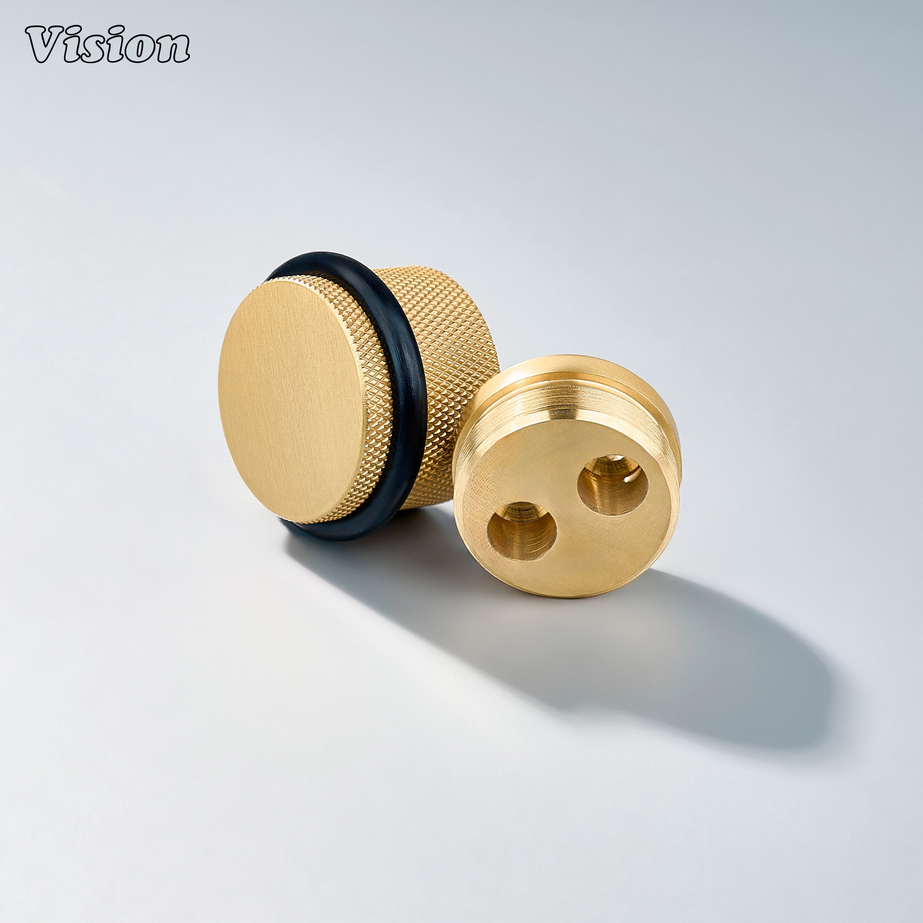 Gold finish solid brass door stop with decorative knurled body for protecting drawers, doors, and wall surfaces
