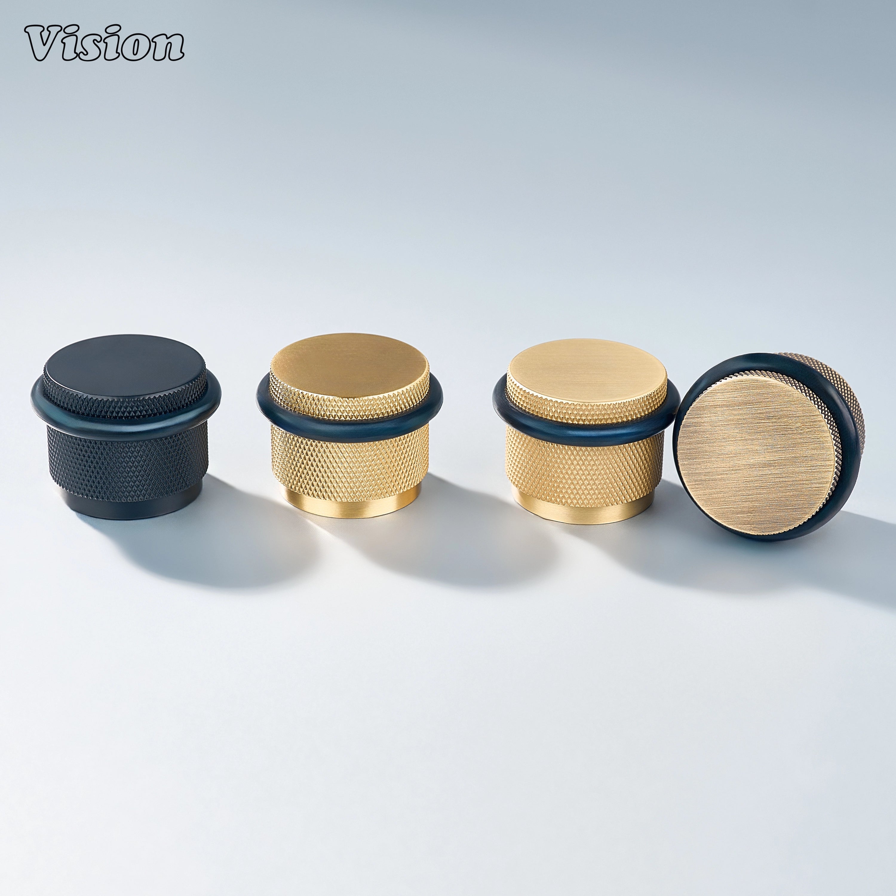 Floor-mounted diamond knurled door stop in Silver finish with round brass top for wardrobes and interior doors