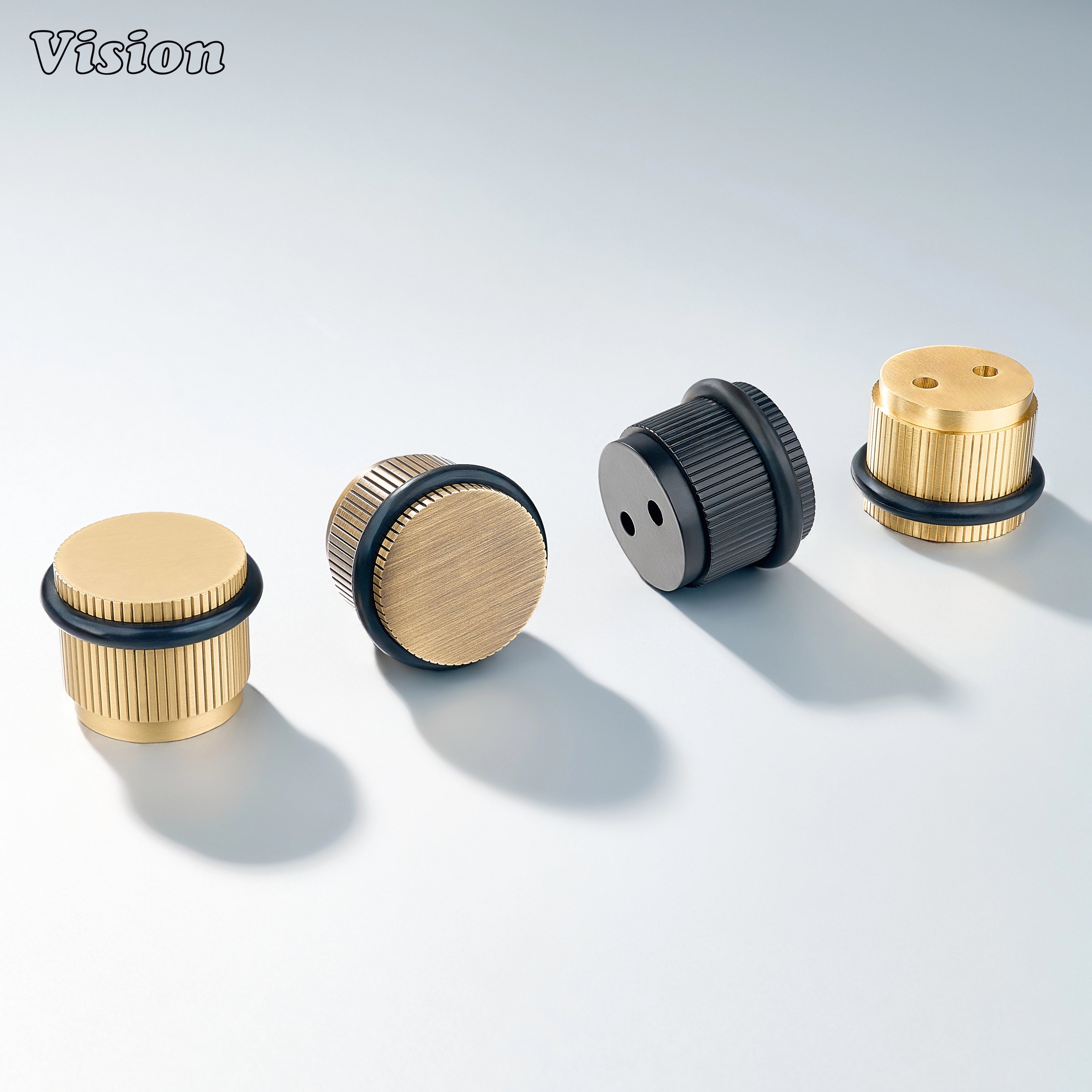 Black linear knurled brass door stop featuring a round cap design for bedroom doors and wardrobes