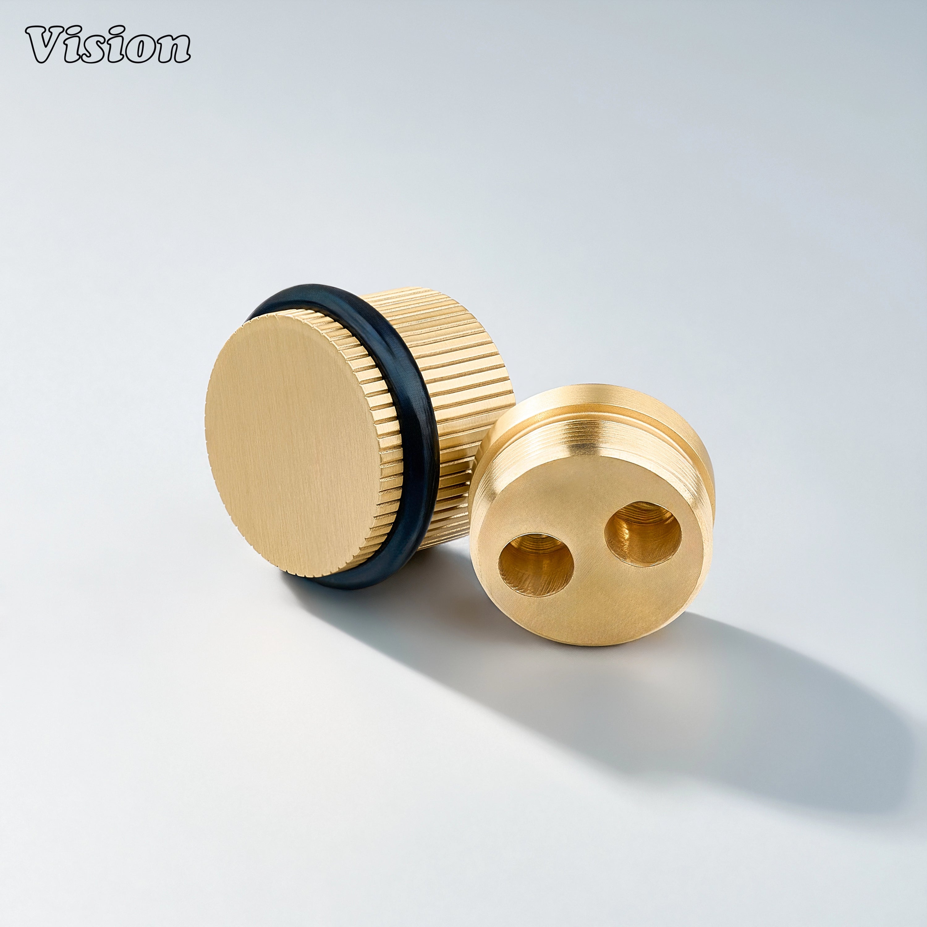 Gold linear knurled floor door stop with cylindrical body for luxury furniture and cabinet installations