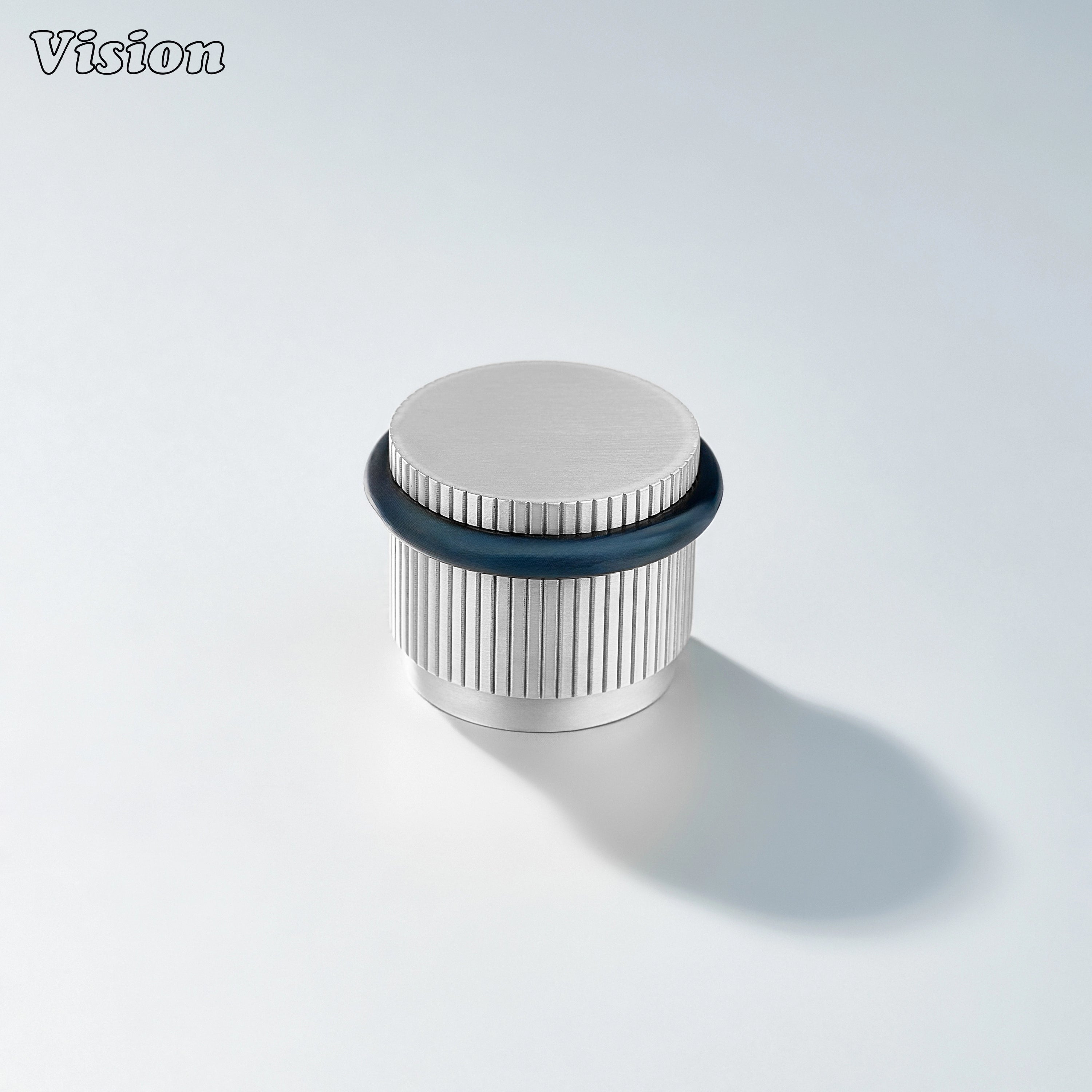 Silver finish linear knurled door stop with round profile for protecting drawers, doors, and walls
