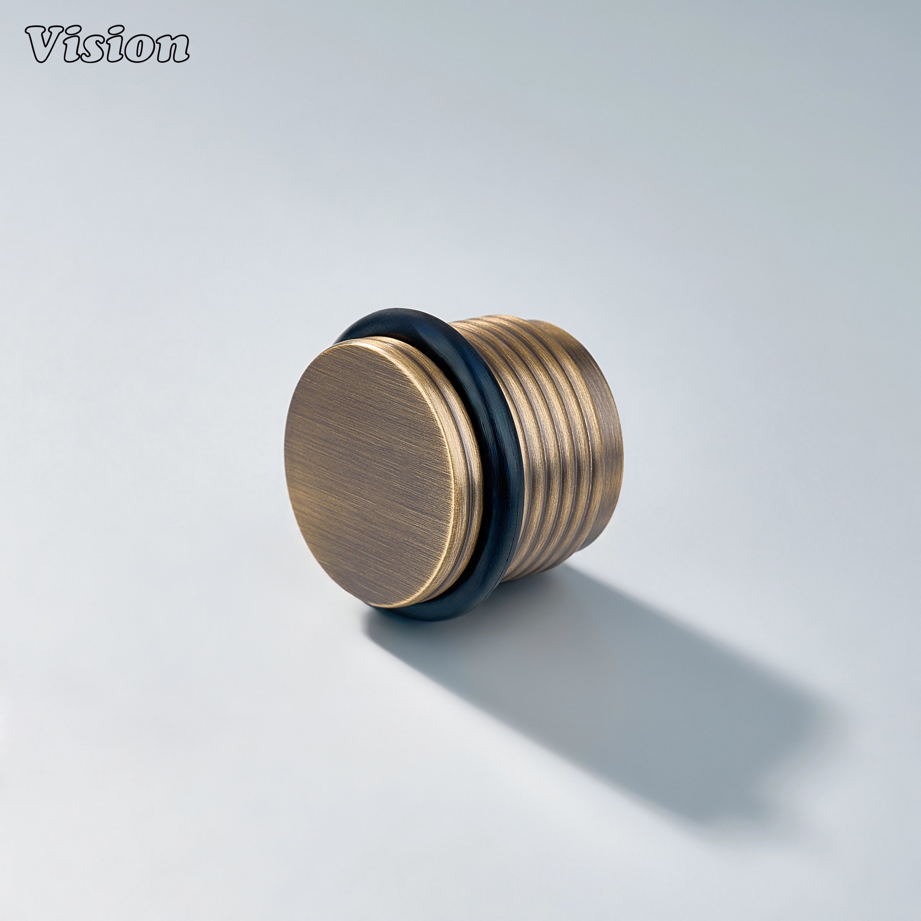 Antique Bronze ringed knurled door stop with round brass top and protective rubber bumper for cabinet doors and walls