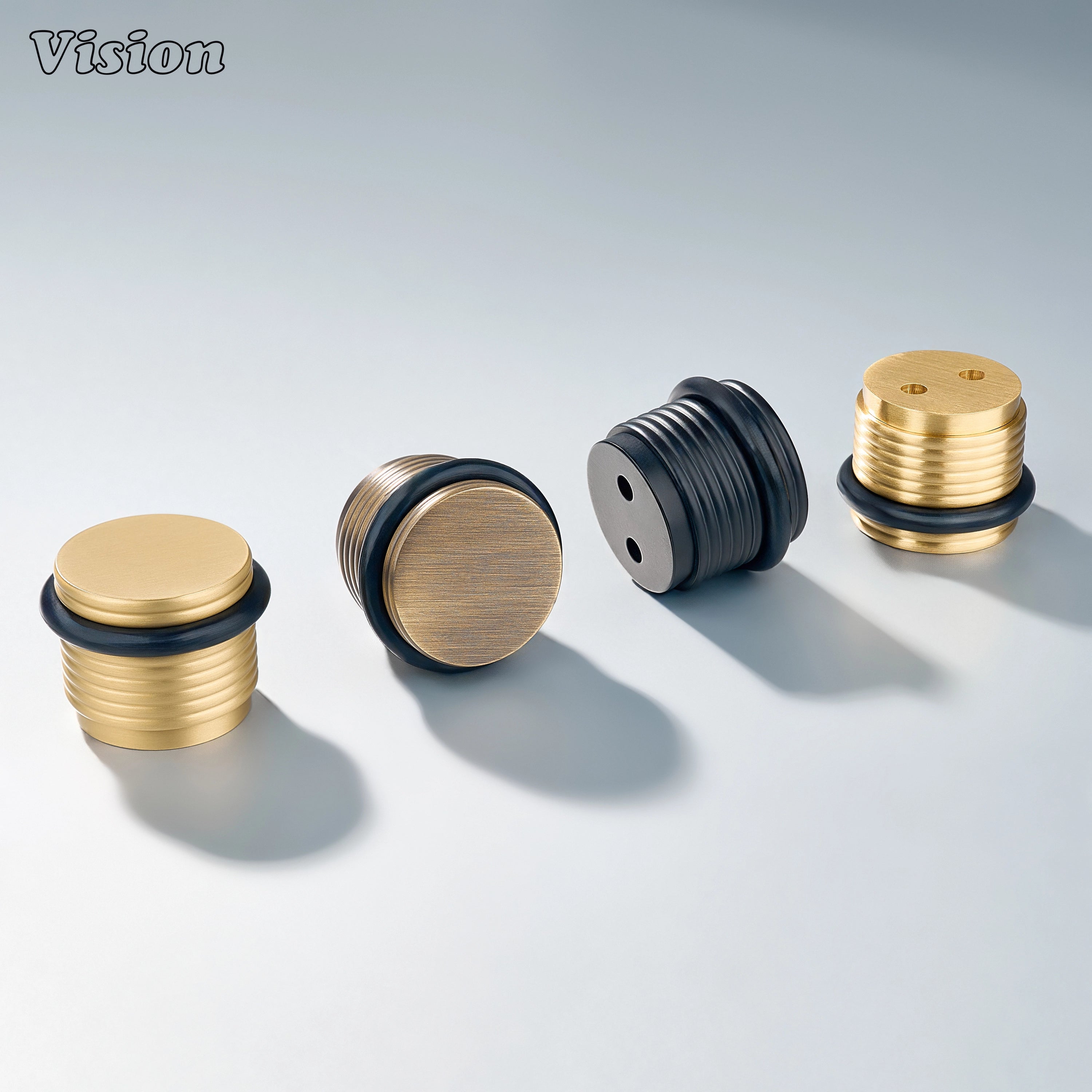 Black ringed profile brass door stop featuring a round cap design for bedroom doors and built-in wardrobes