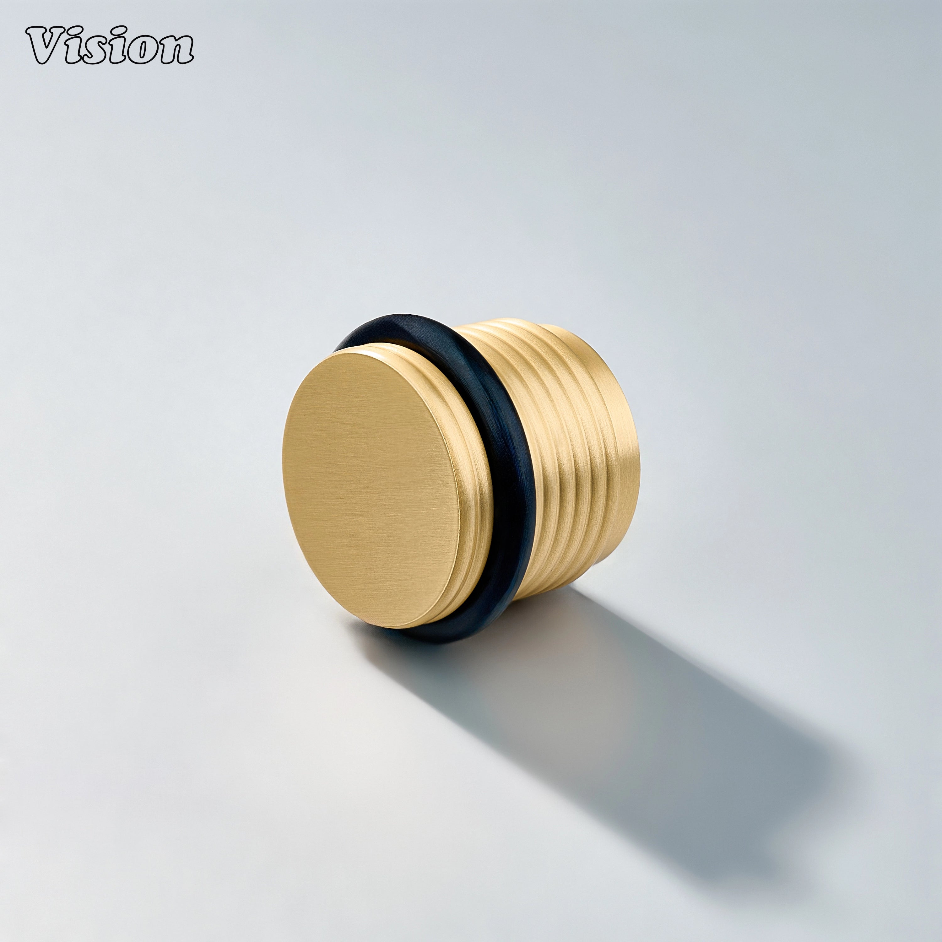 Gold ringed knurled door stop with round brass top and protective rubber bumper for kitchen cabinet doors and walls