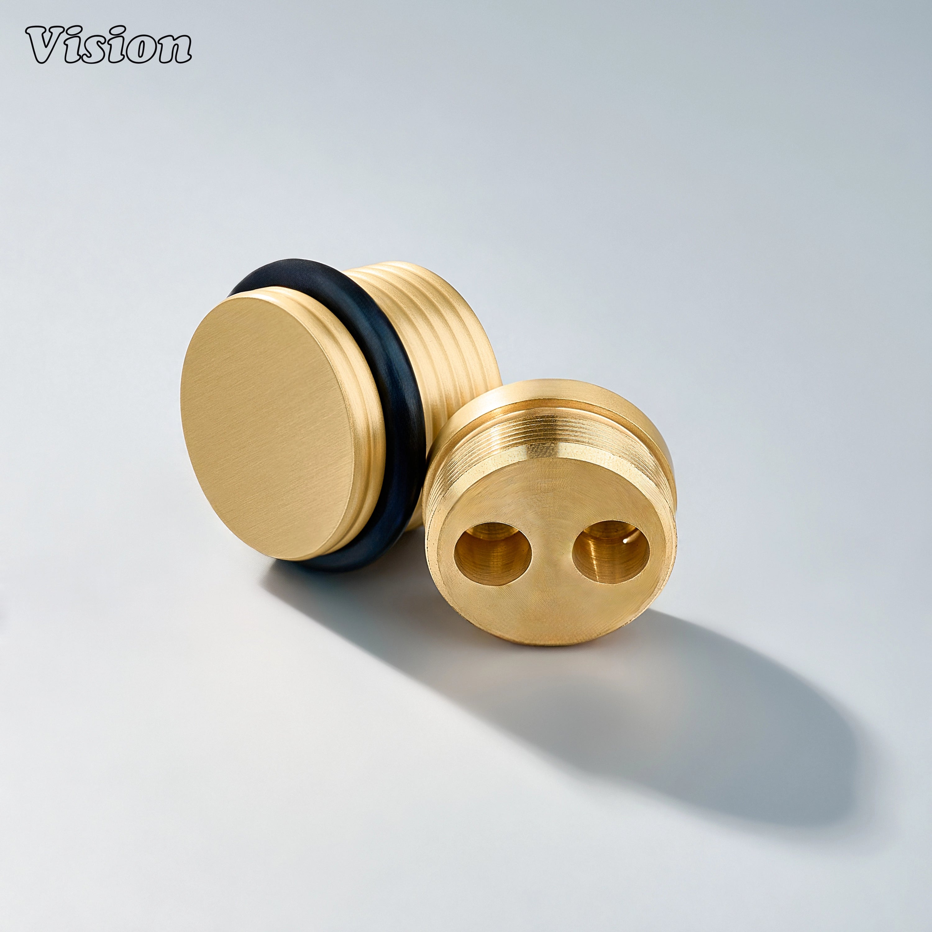 Gold solid brass door stop with ringed texture and round profile for luxury furniture installations