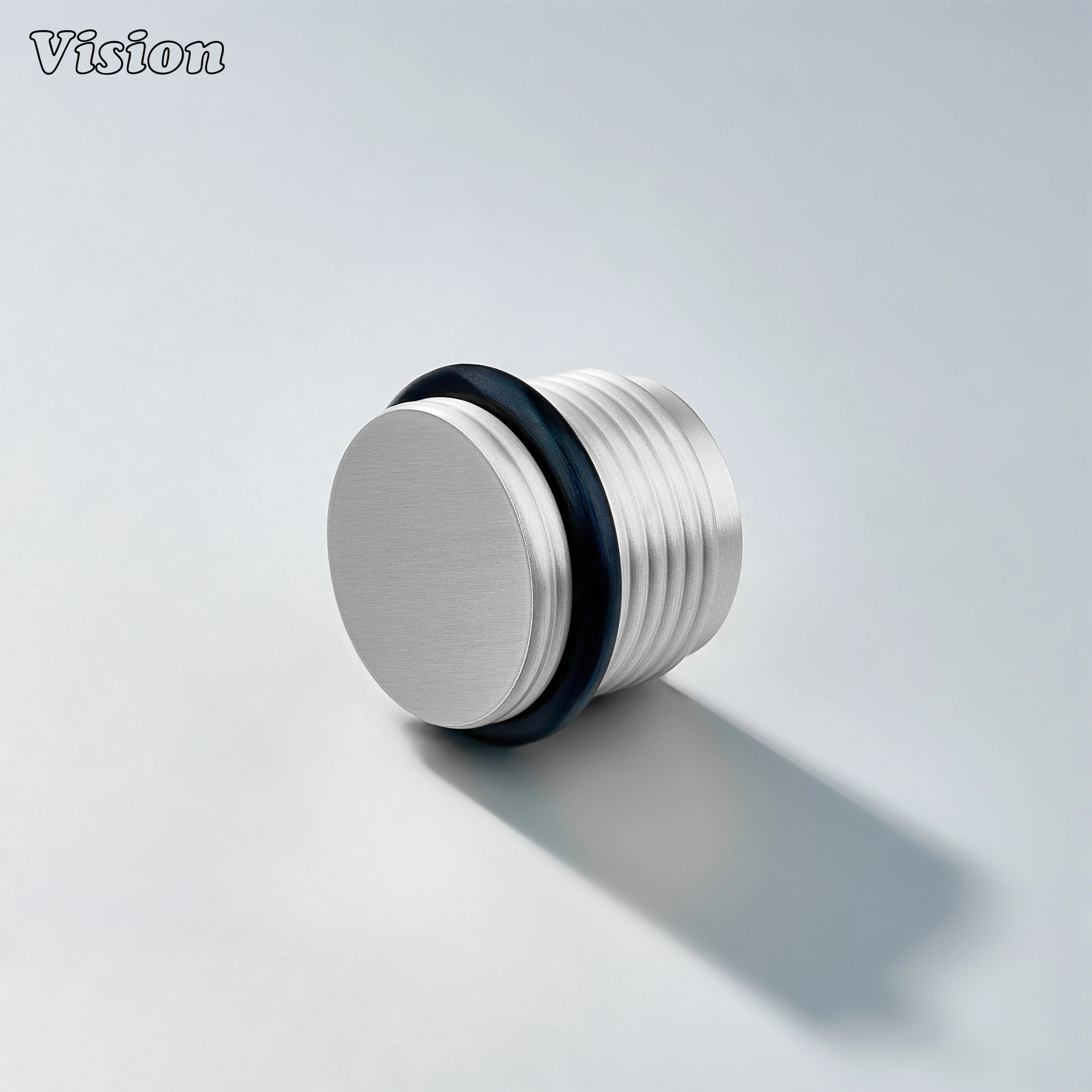 Silver ringed knurled door stop with round brass top and protective rubber bumper for kitchen cabinet doors and walls