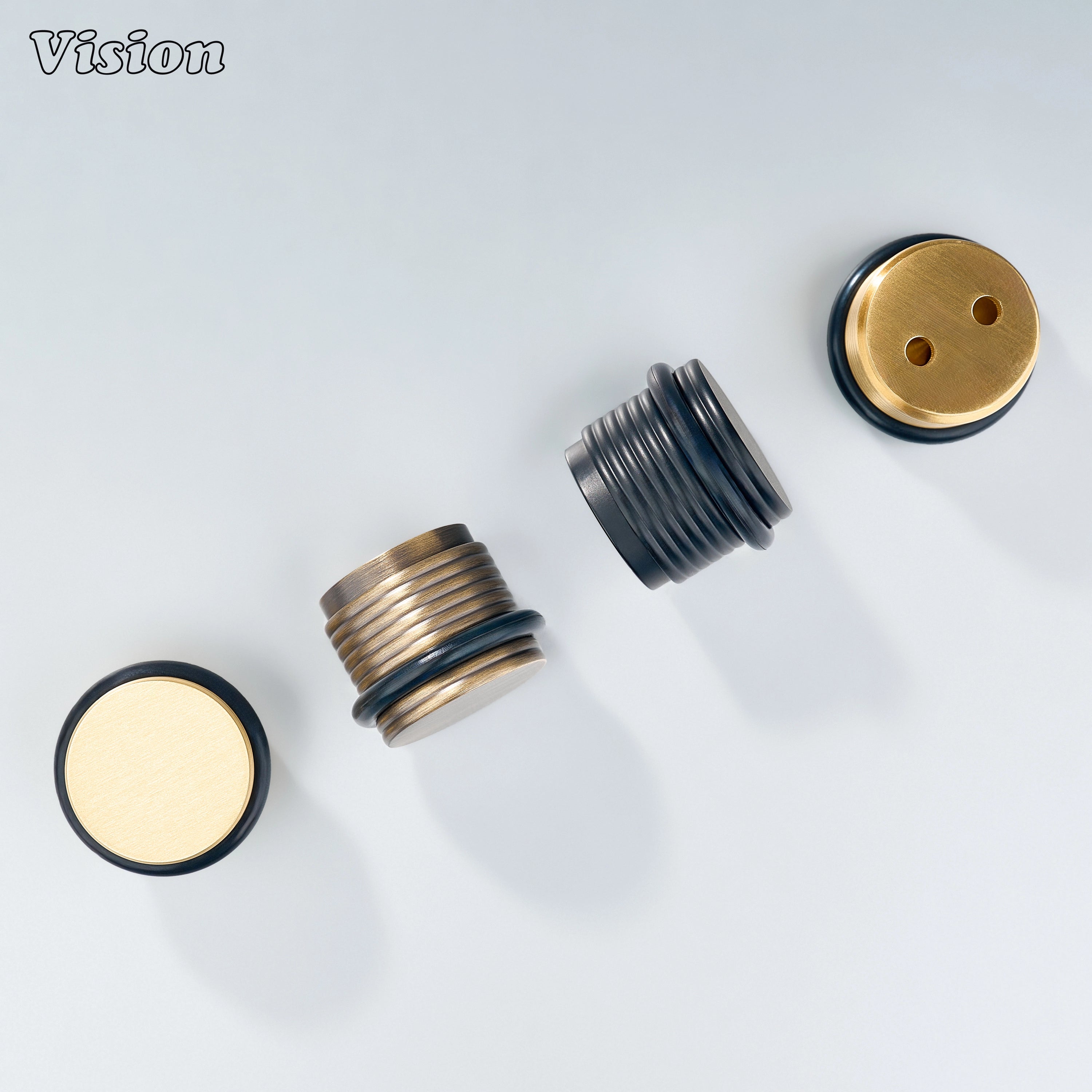 Floor-mounted Silver ringed architectural door stop with cylindrical body for furniture and cabinetry protection