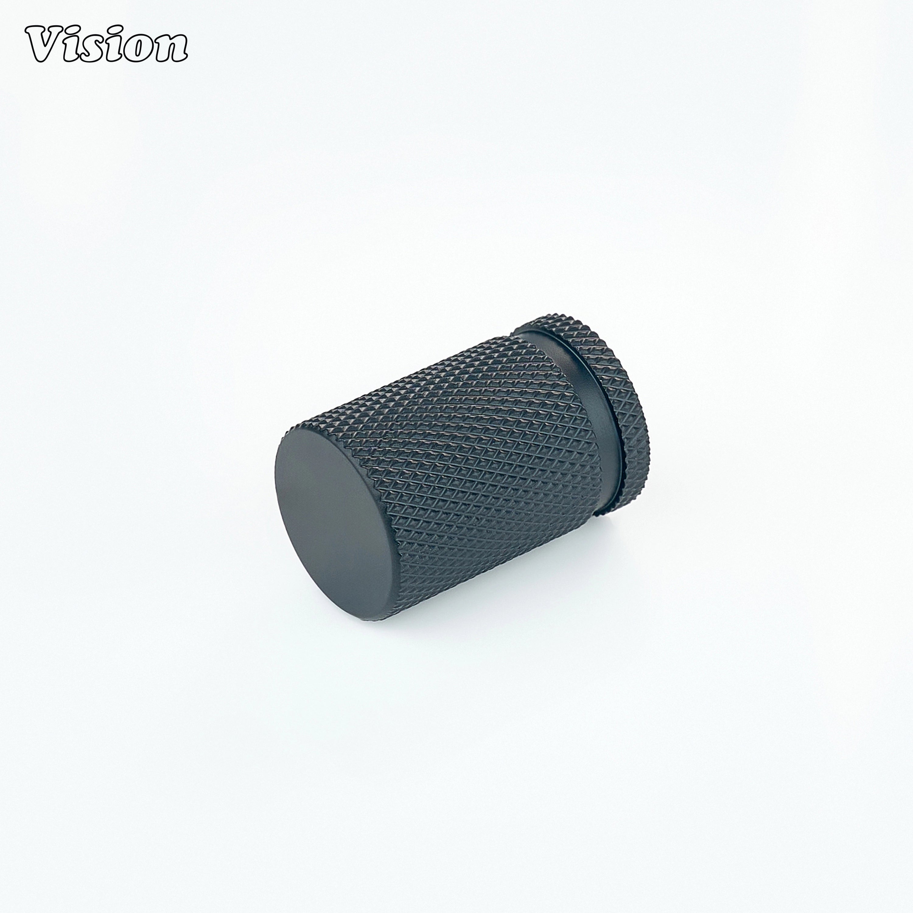 Black cabinet knob with knurled cylindrical design, solid brass round knob for kitchen cabinets
