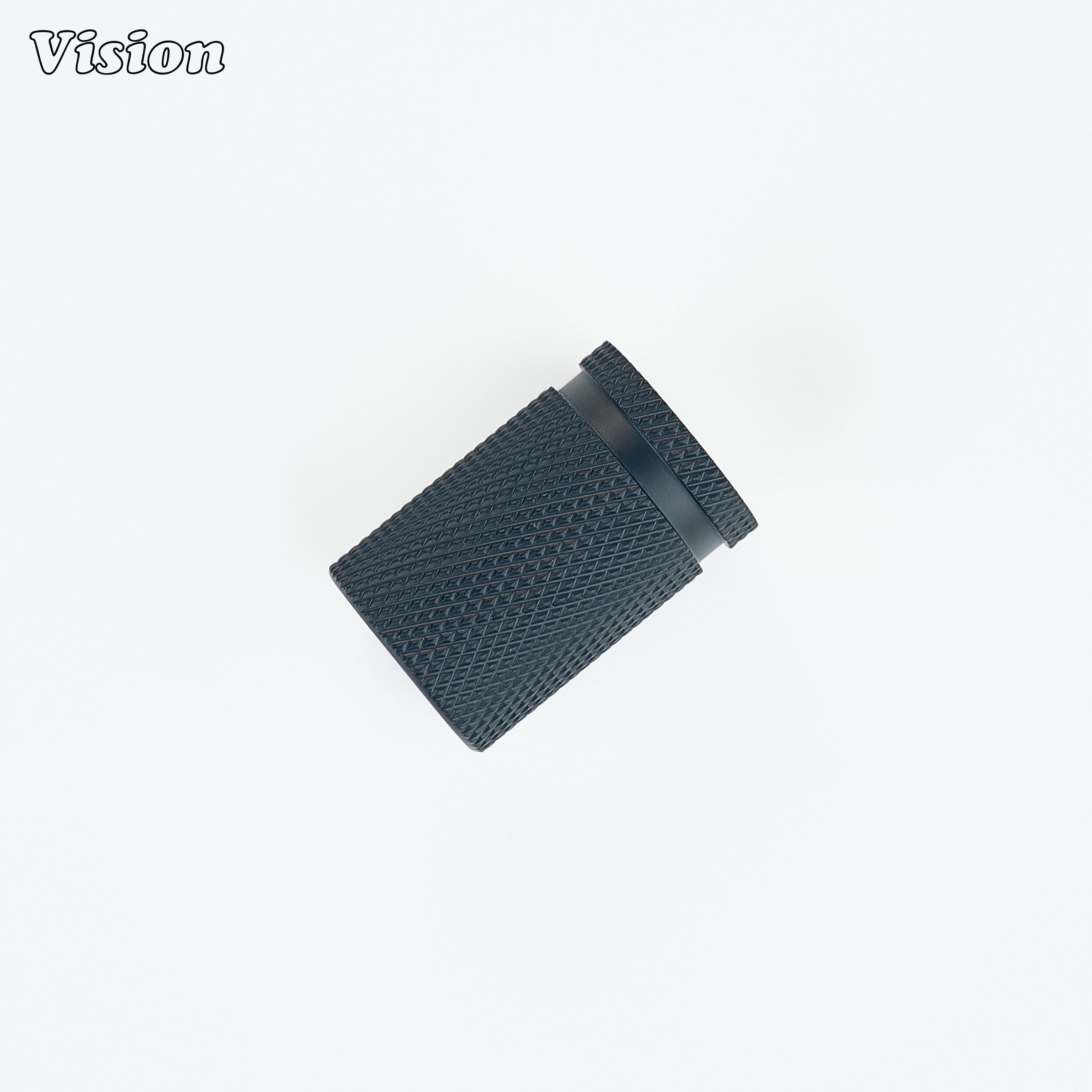 Black round cabinet knob with precision knurled grip and cylindrical profile for drawers