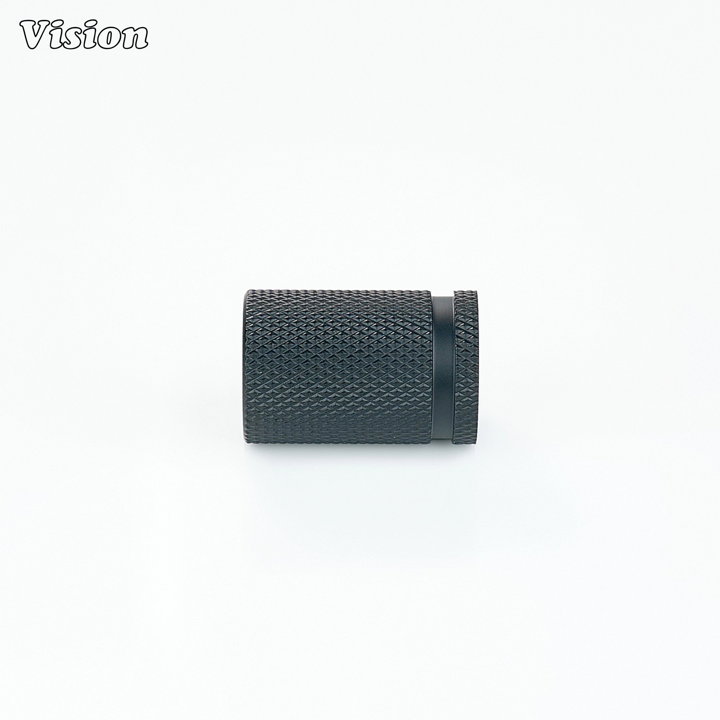 Black knurled brass cabinet knob with modern cylinder form for wardrobes and cabinets