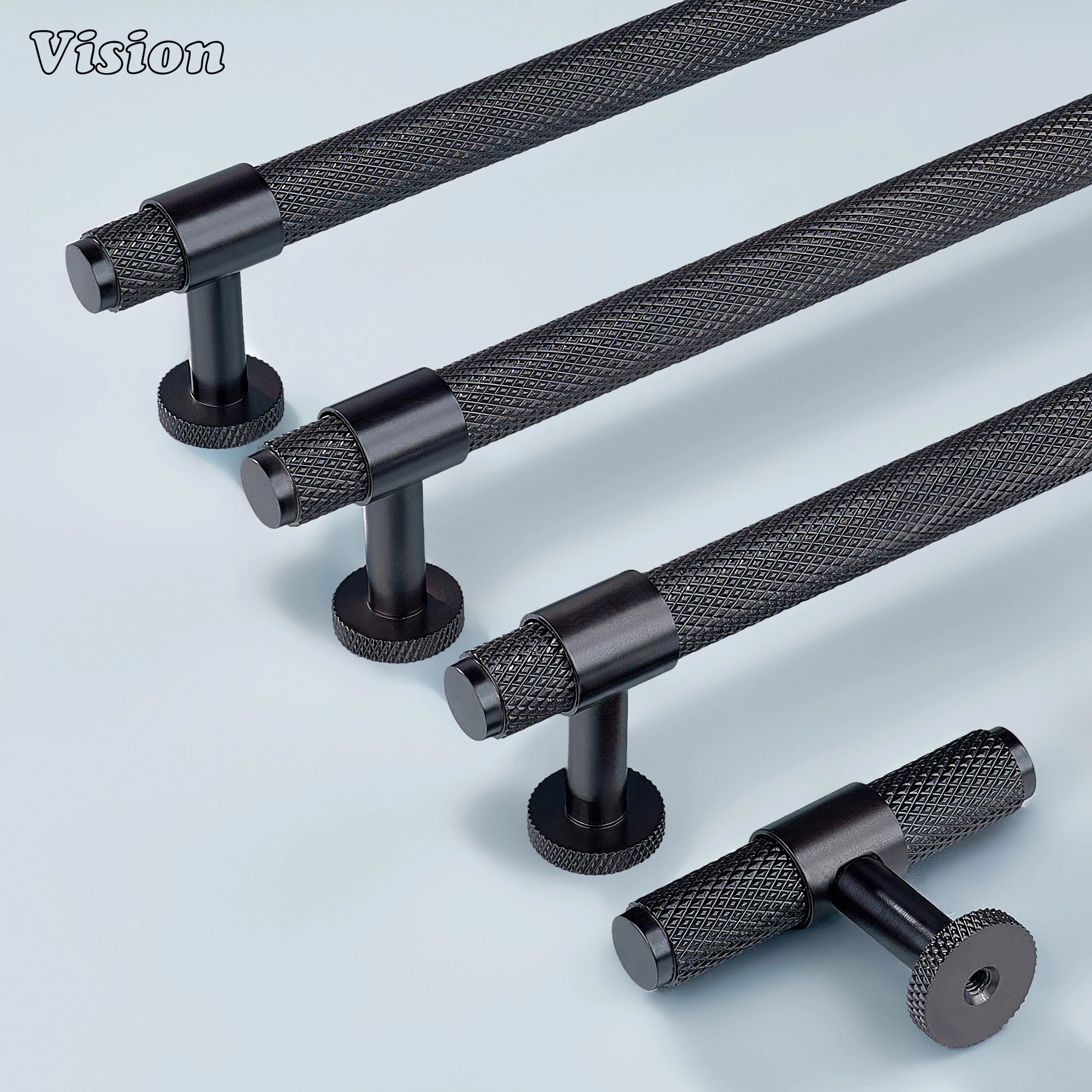 Modern oil rubbed bronze Azure knurled ringed handle used for dresser drawers.