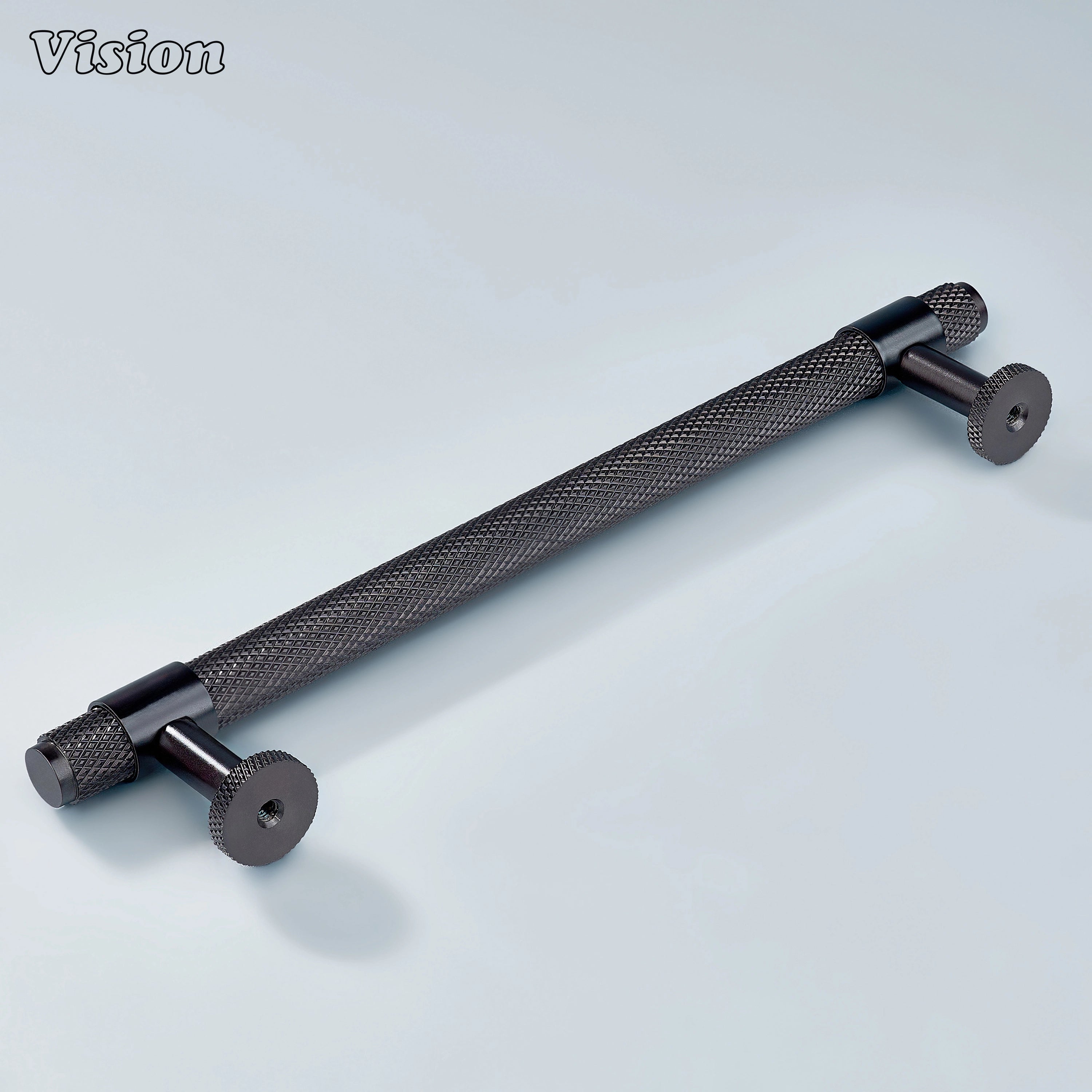 Modern oil rubbed bronze Azure knurled ringed handle used for bathroom cabinets.