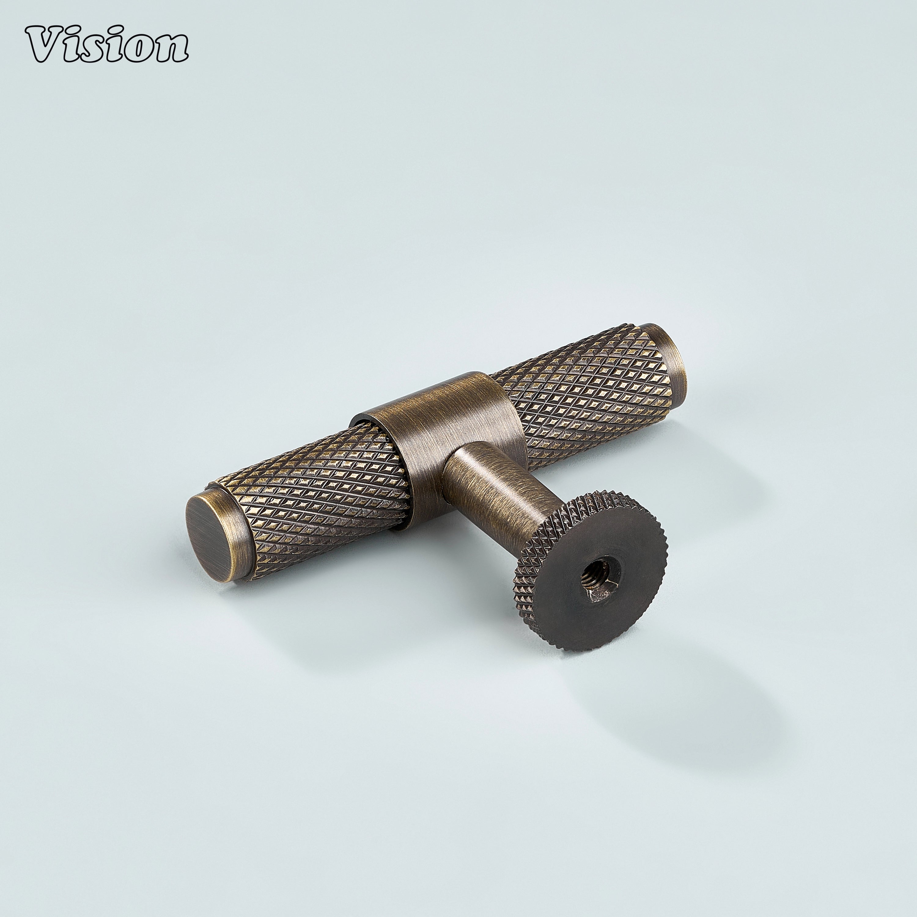 Sleek antique bronze brass T-knob with ringed texture for cupboards.