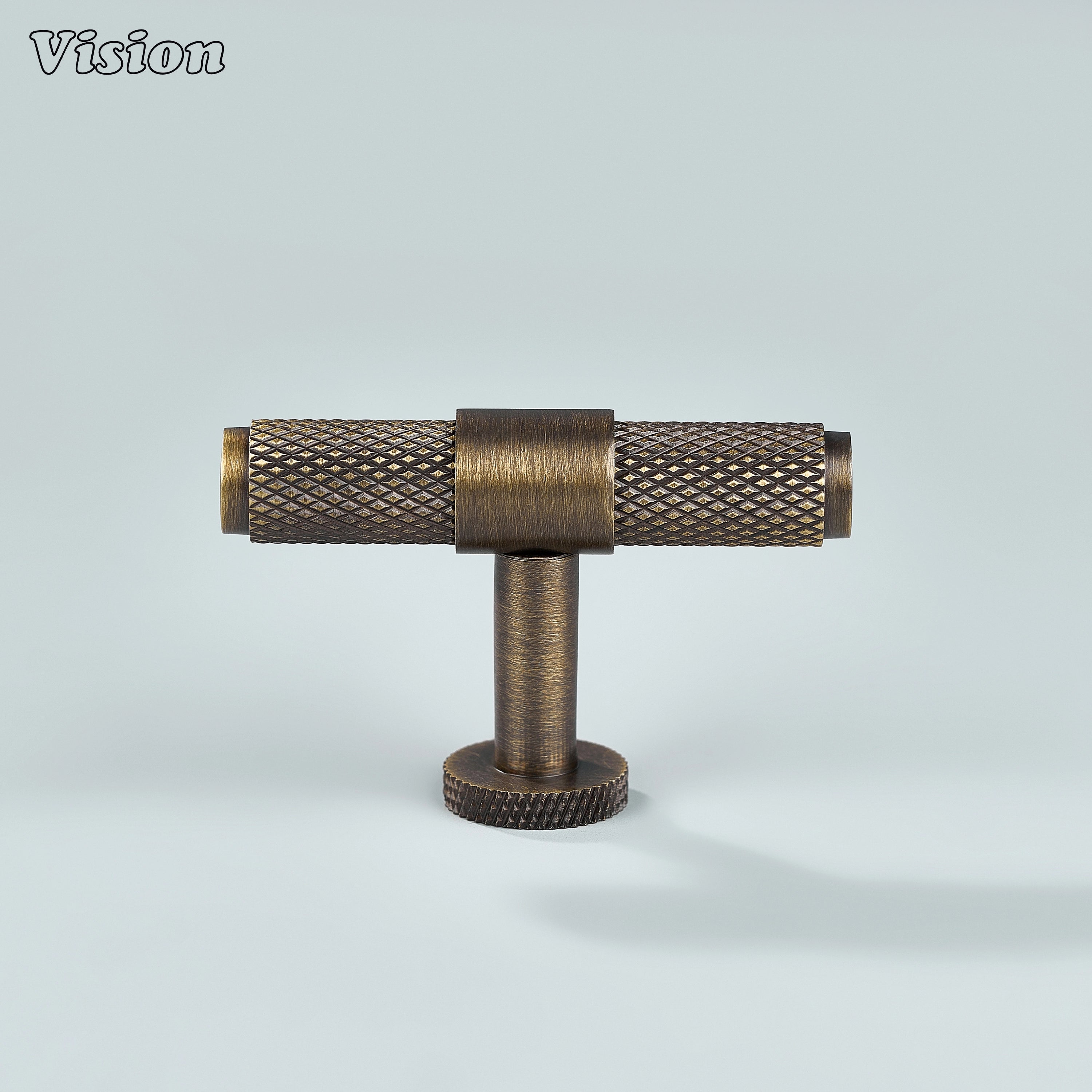Antique bronze linear knurled T-knob for dresser drawers.