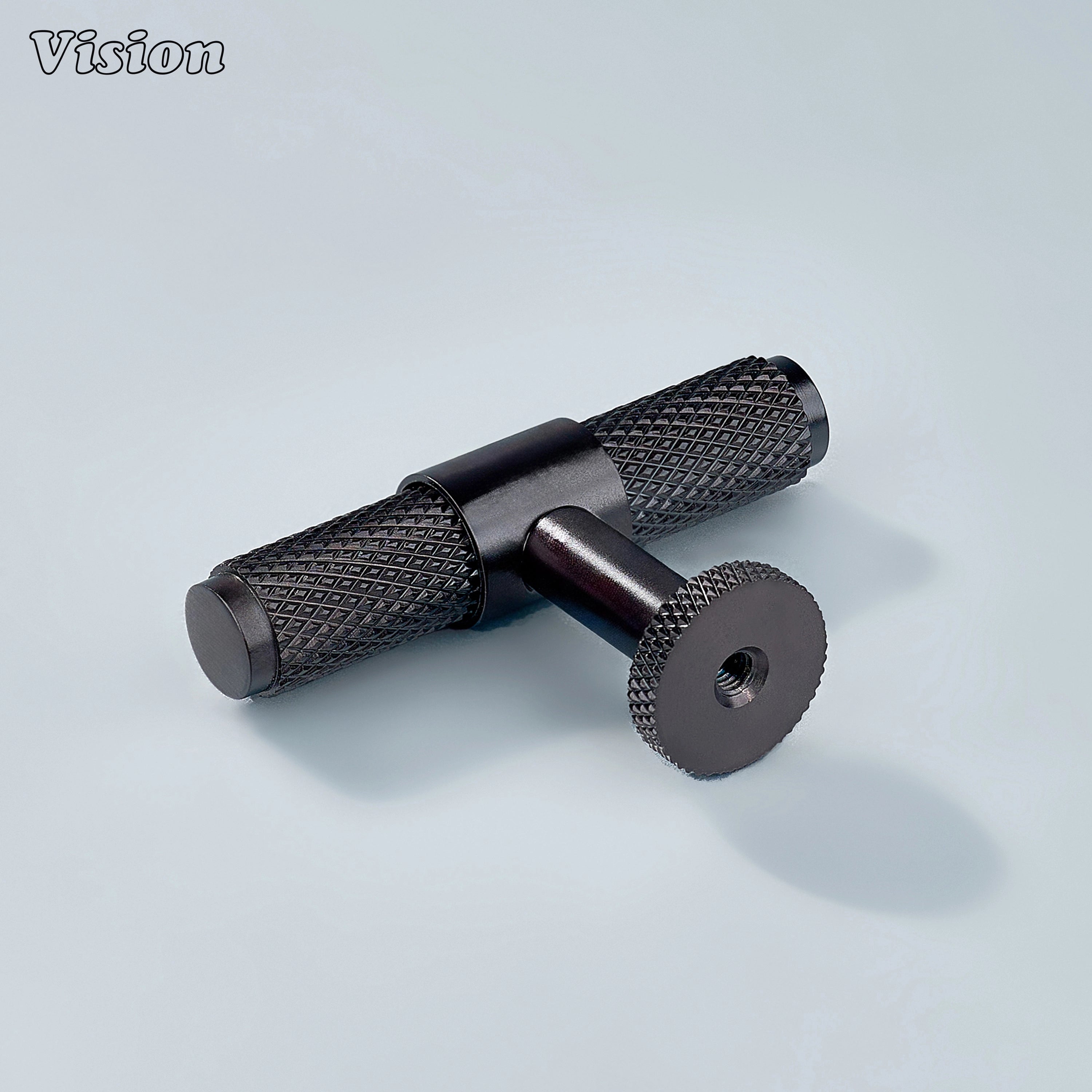 Sleek oil rubbed bronze brass T-knob with ringed texture for cupboards.