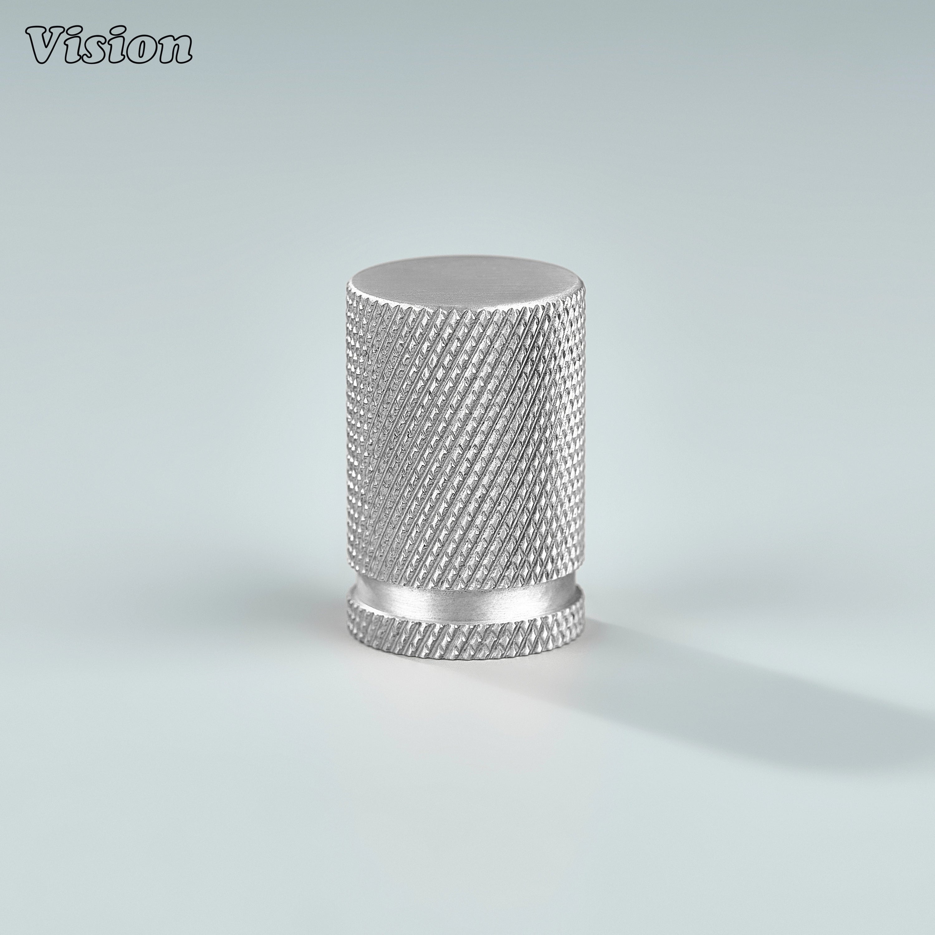 Silver cylinder-shaped cabinet knob with textured grip