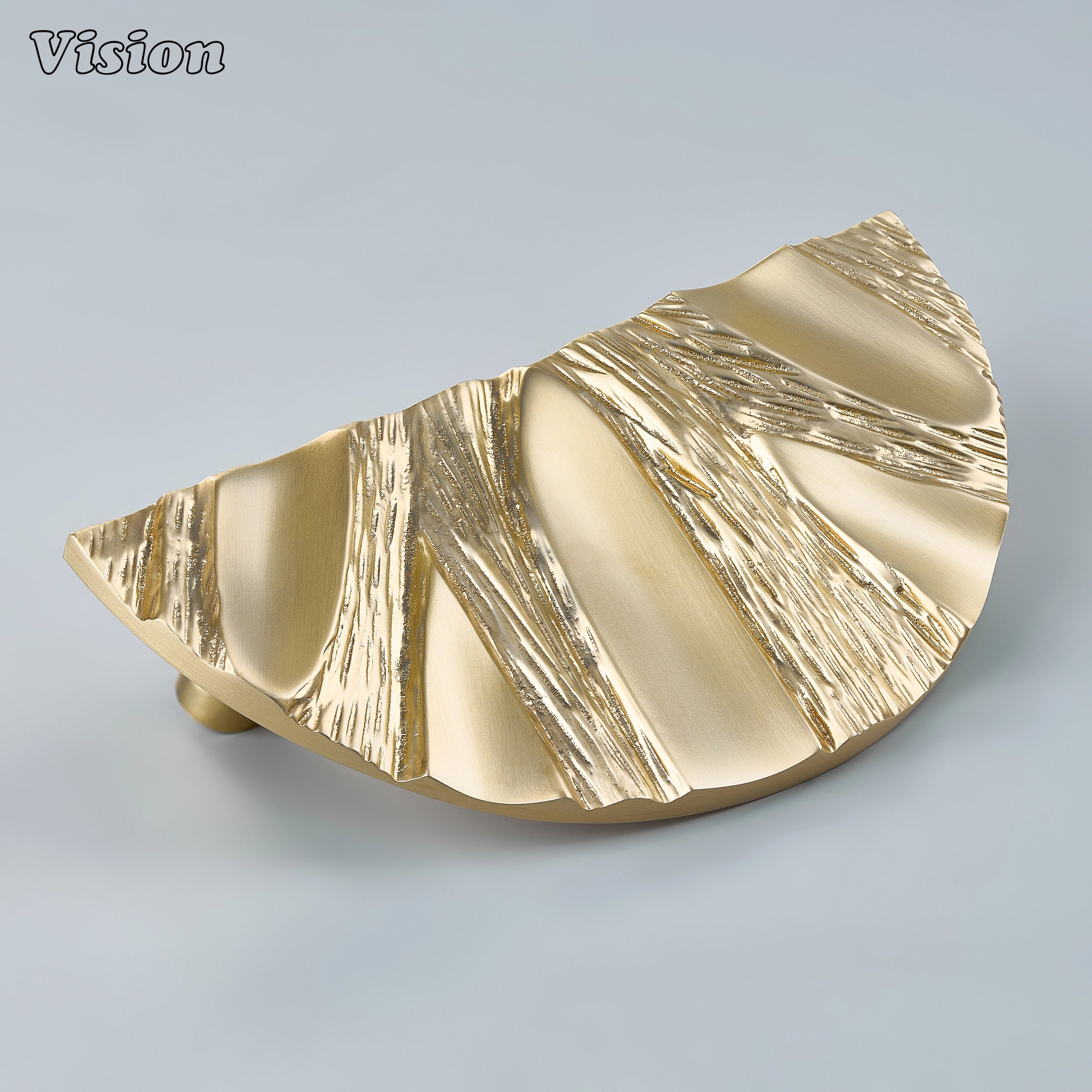 Gold semi circle solid brass door handle with handcrafted bark texture for luxury entrance doors and statement interiors.