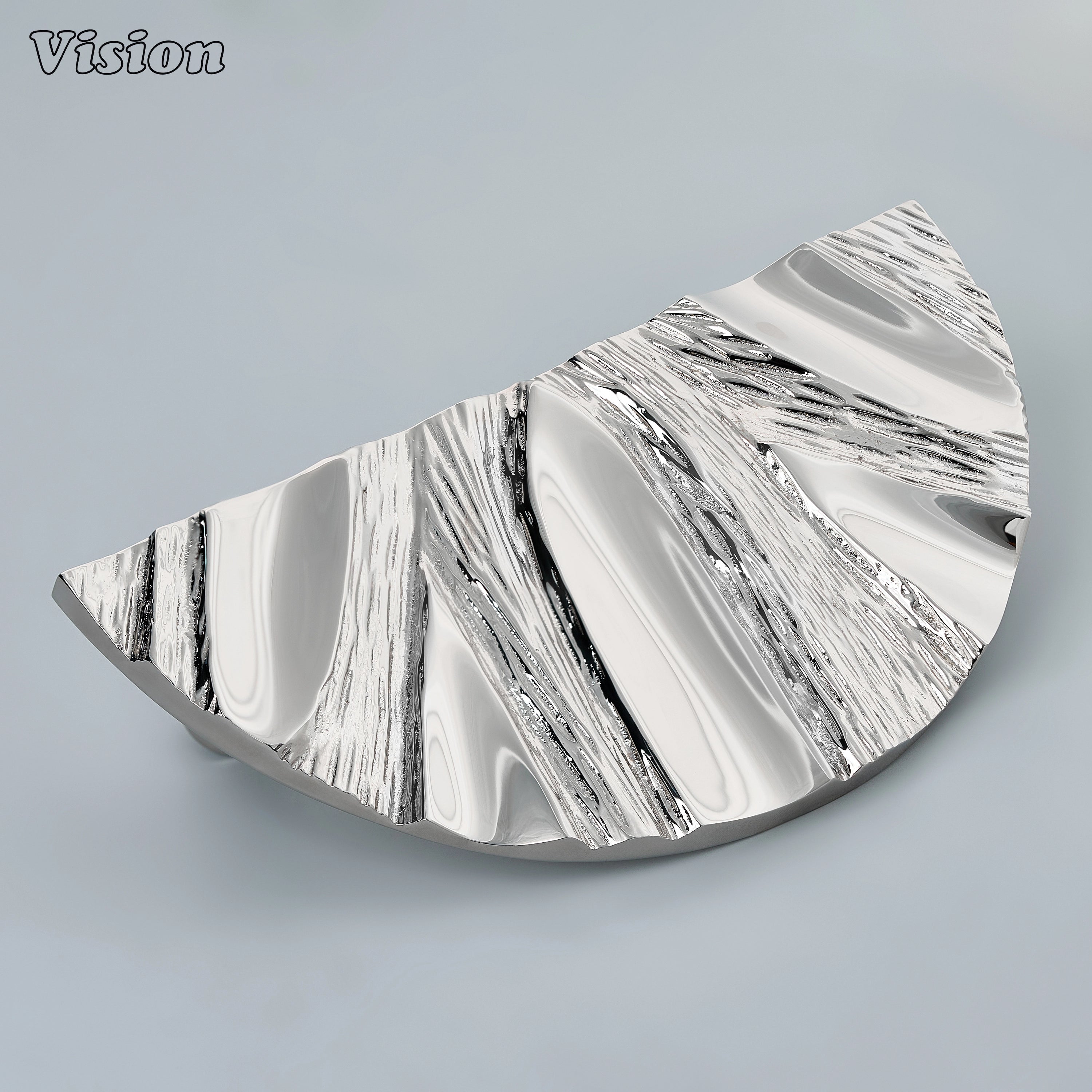 Polished Nickel handcrafted semi circle solid brass door handle with bark-inspired texture.