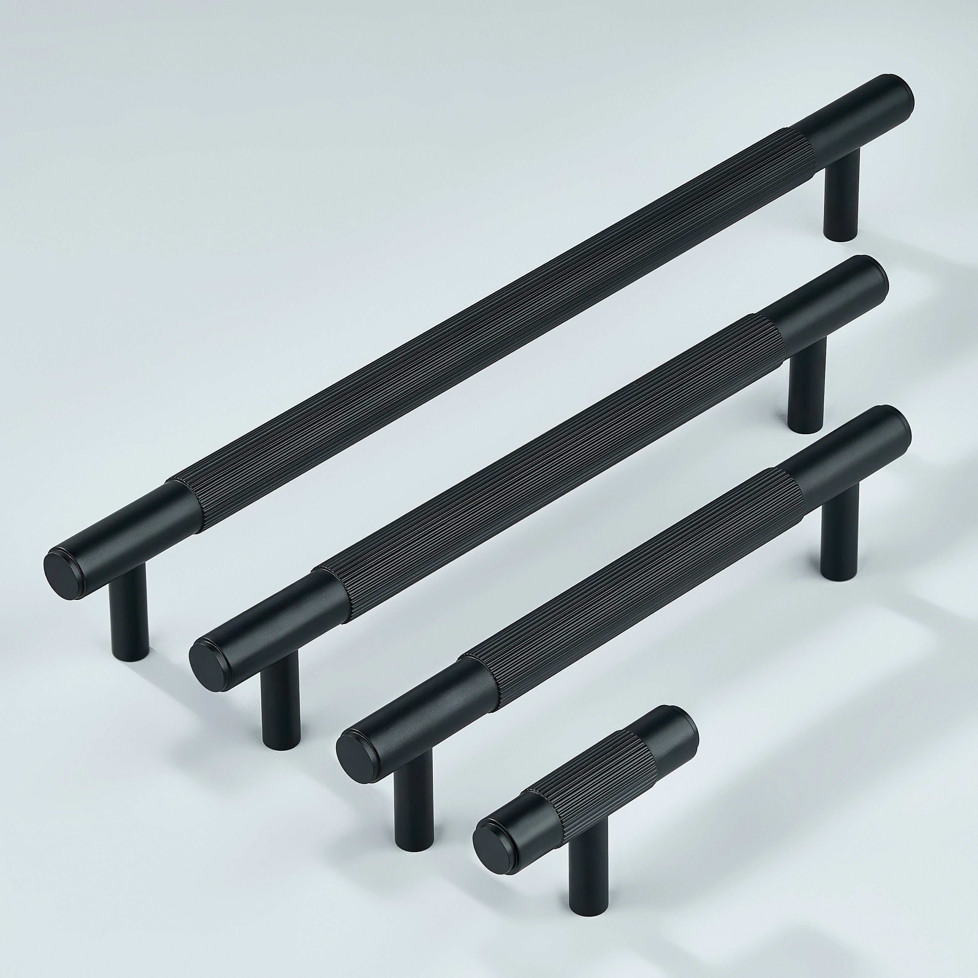 Linear Knurled Cabinet Handles and Cabinet Knob in black finish