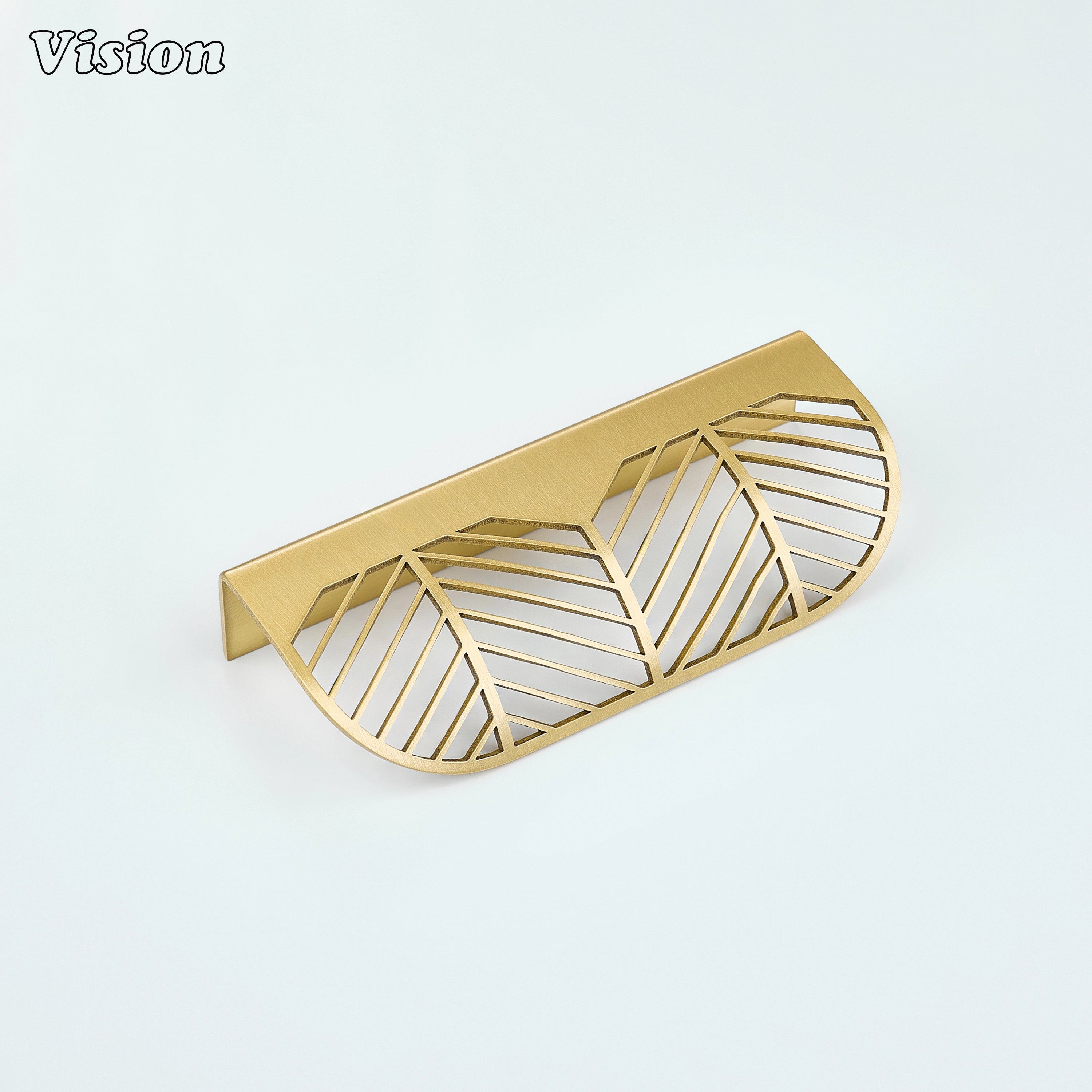 Plain brass cabinet handle in Gold with leaf cut detailing for contemporary wardrobes
