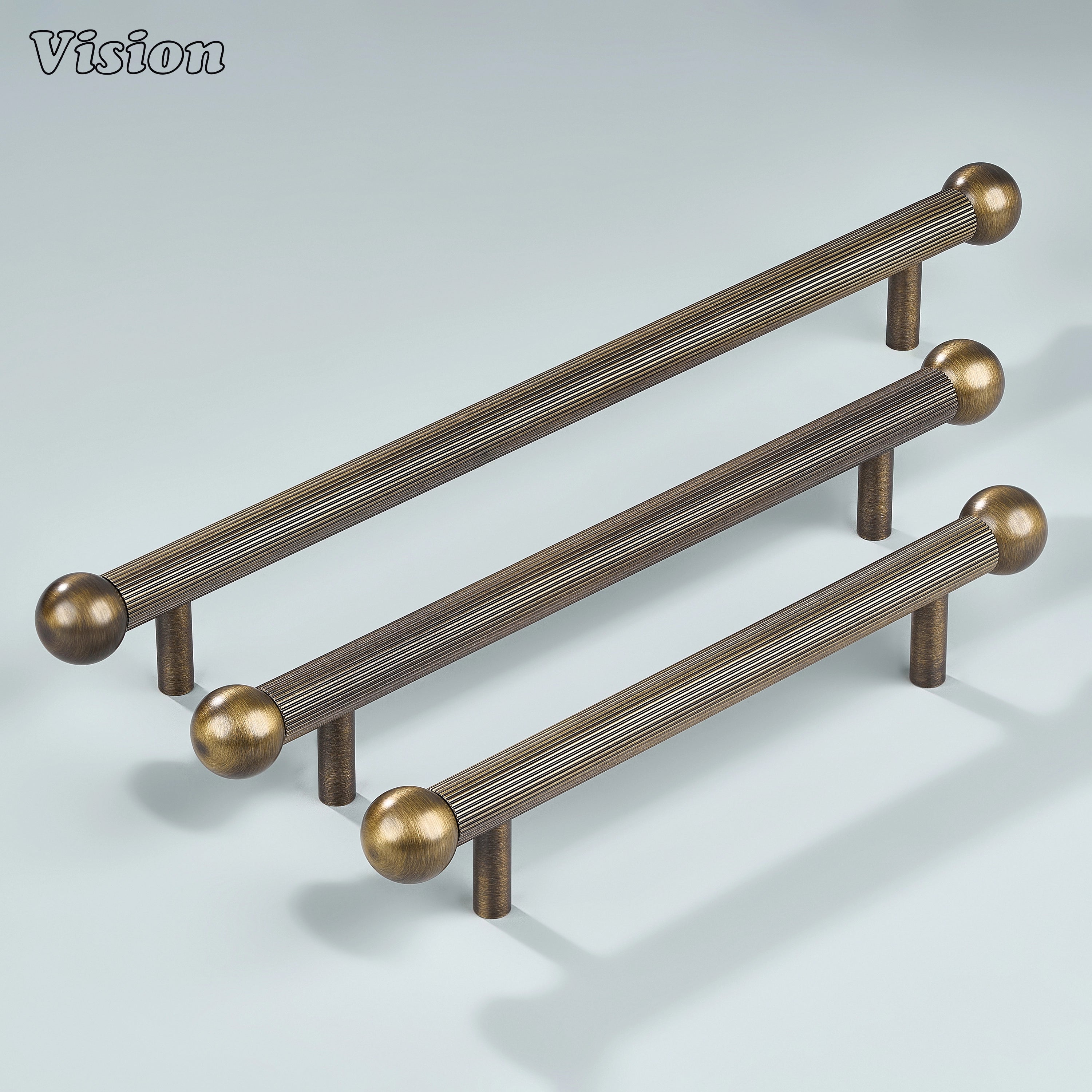 Knurled cabinet handle in Antique Bronze featuring sphere tips and round legs for elegant furniture use.