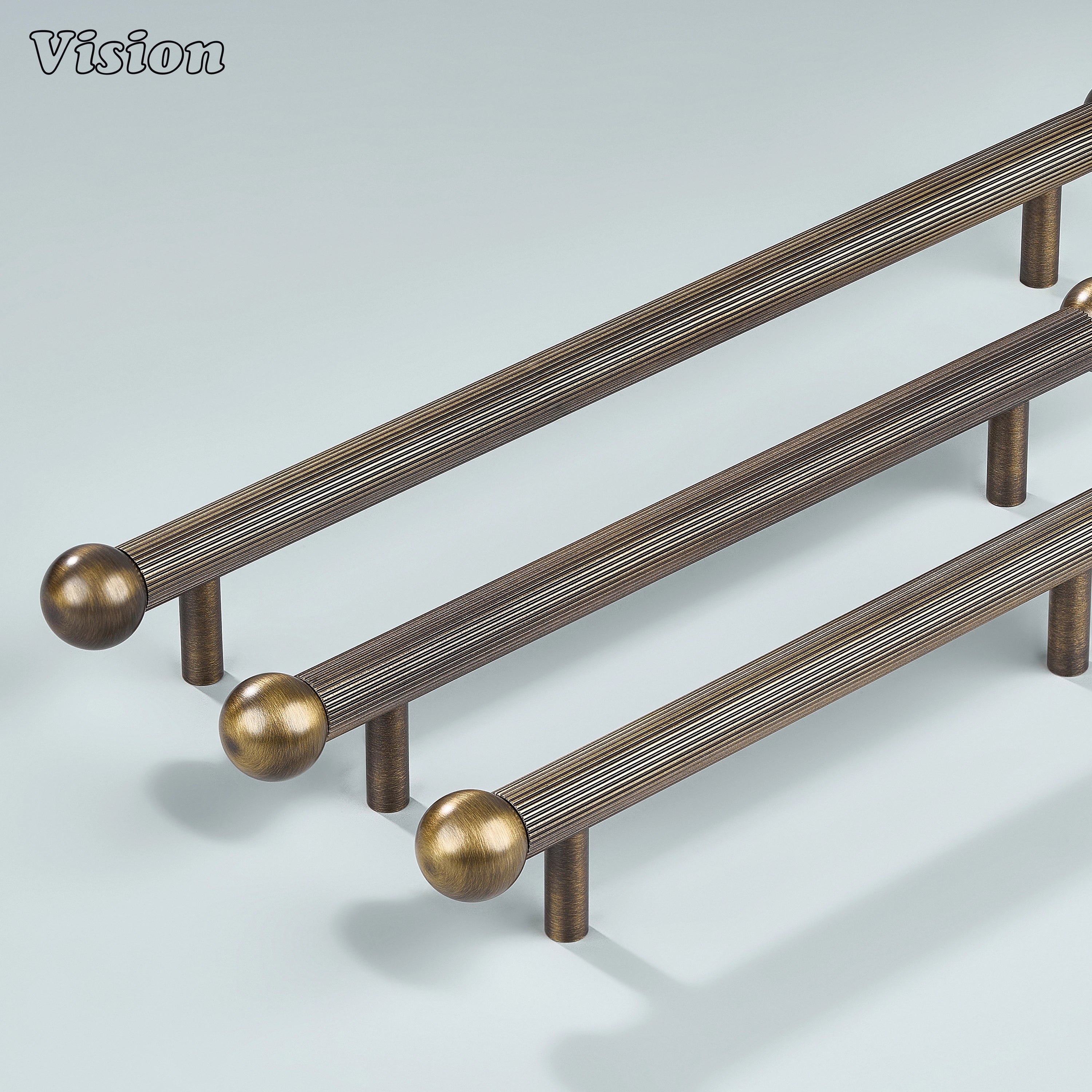 Antique Bronze brass linear handle with knurled texture and ball ends ideal for drawers and wardrobes.