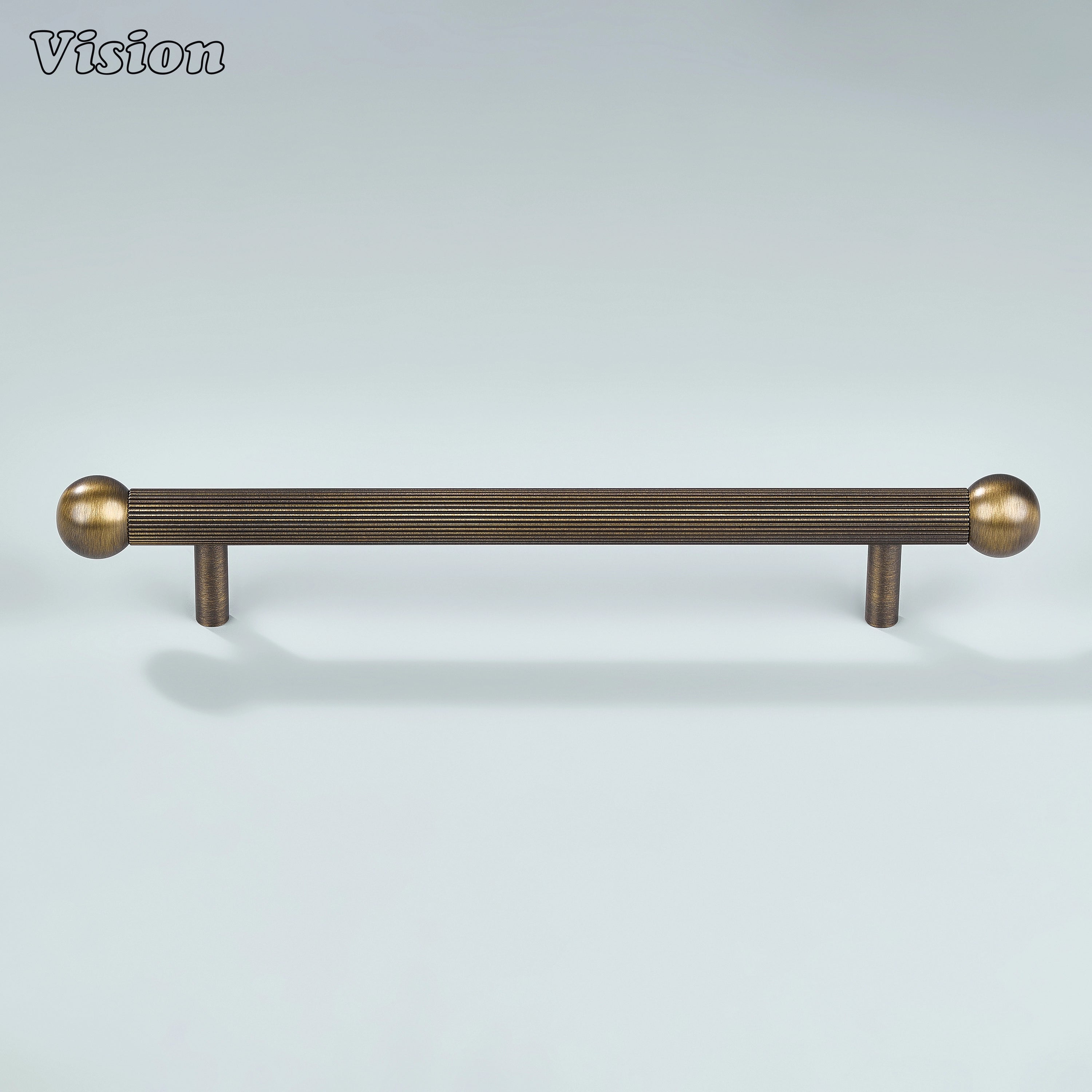 Vintage-toned knurled handle in Antique Bronze with sphere caps and cylinder posts for cabinetry.
