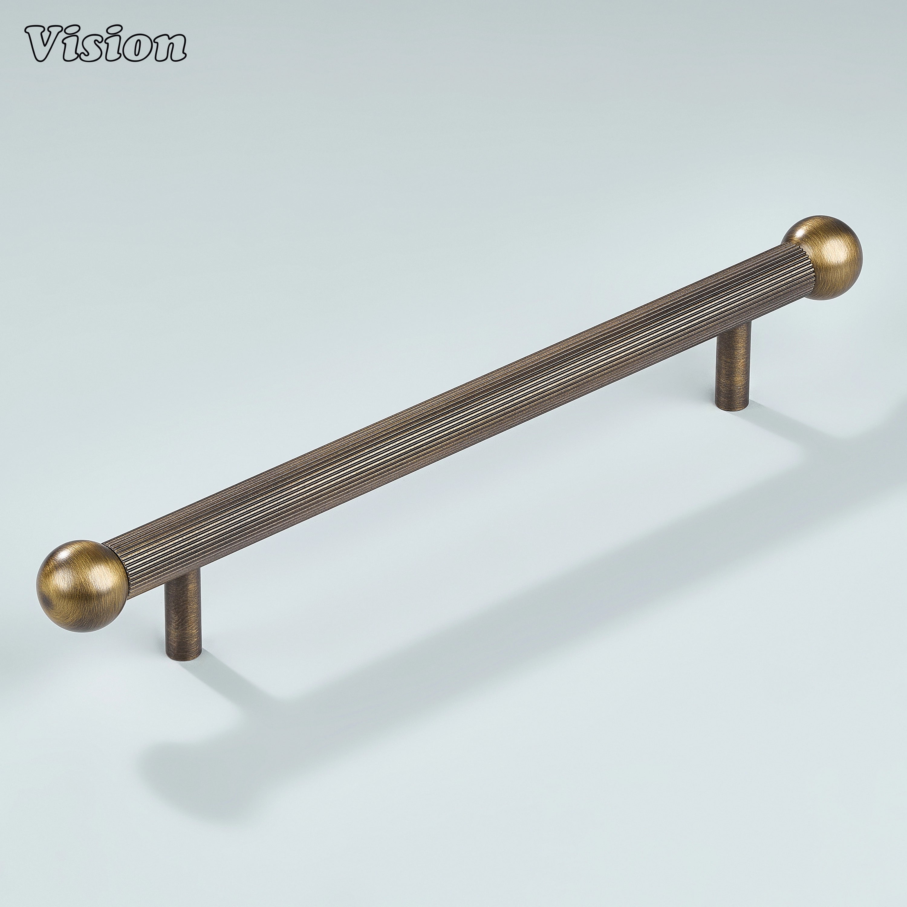 Antique Bronze finish knurled pull with brass balls and cylindrical legs for refined interiors.