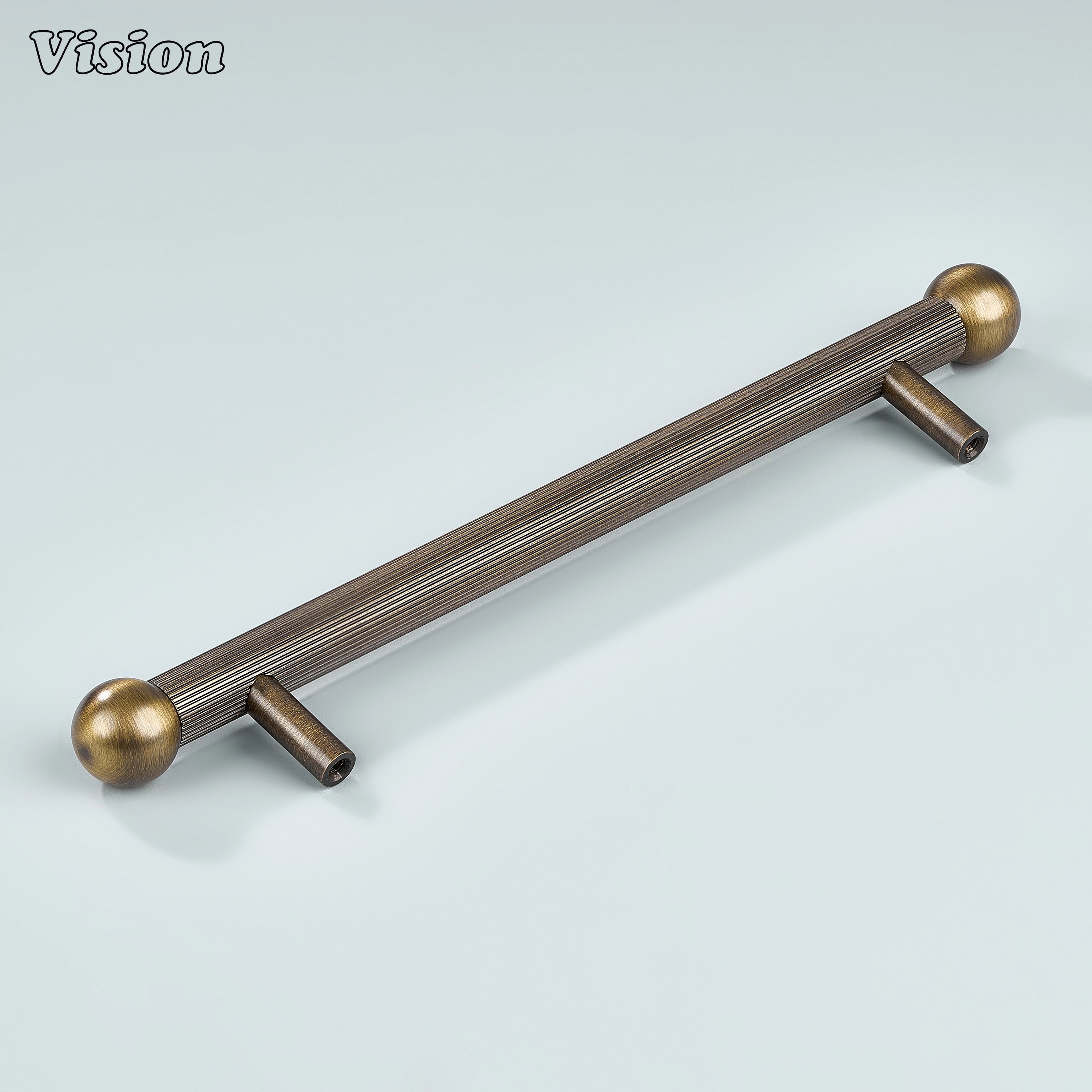 Textured knurled handle in Antique Bronze with decorative sphere ends suited for cabinets and drawers.