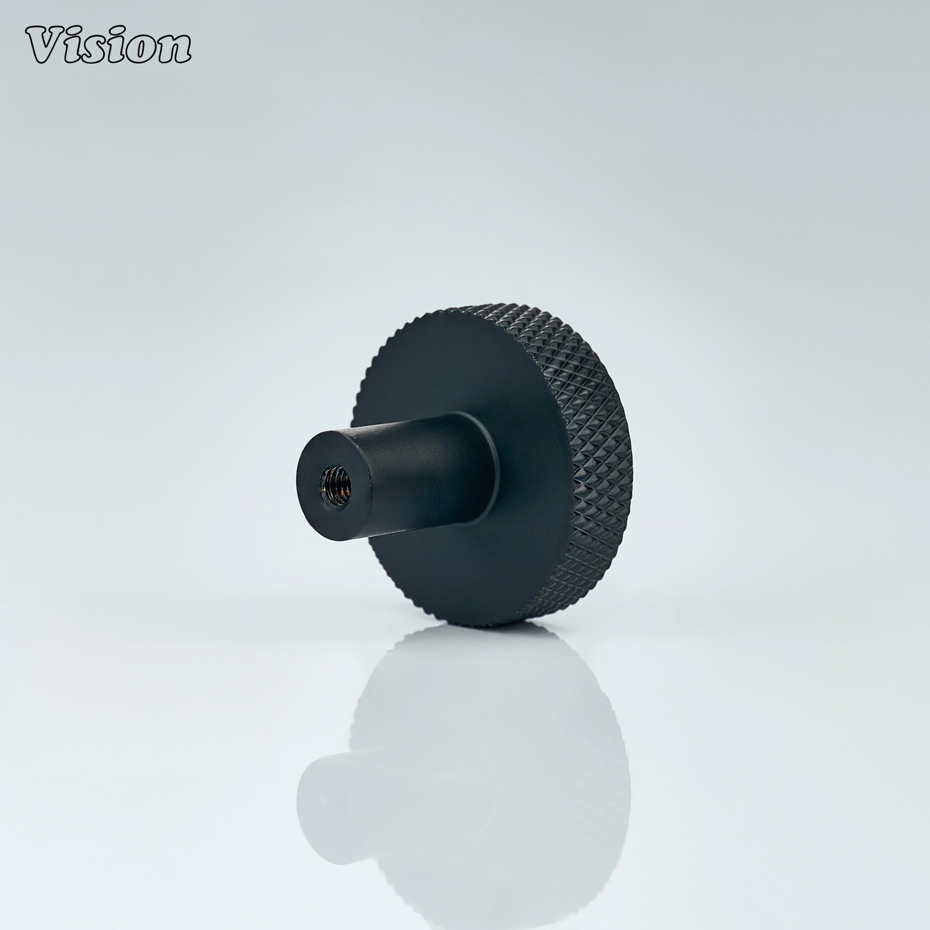 Black finished cabinet knob with cylindrical stem for drawer fronts
